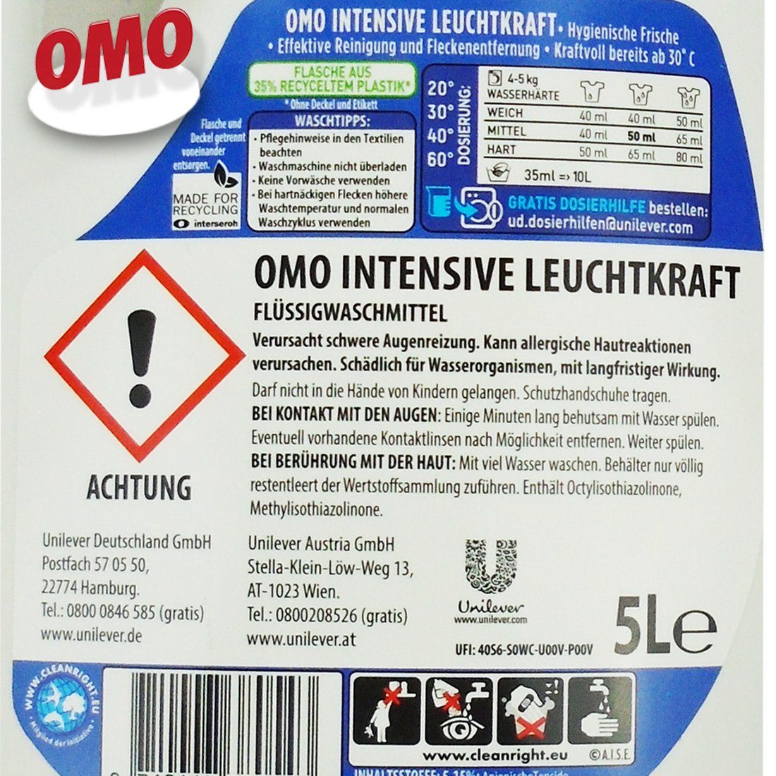 WL L) (1-St. Unilever OMO Vollwaschmittel Universal Vollwaschmittel 5 Clean 100 XXXL 5 L Flüssig Active