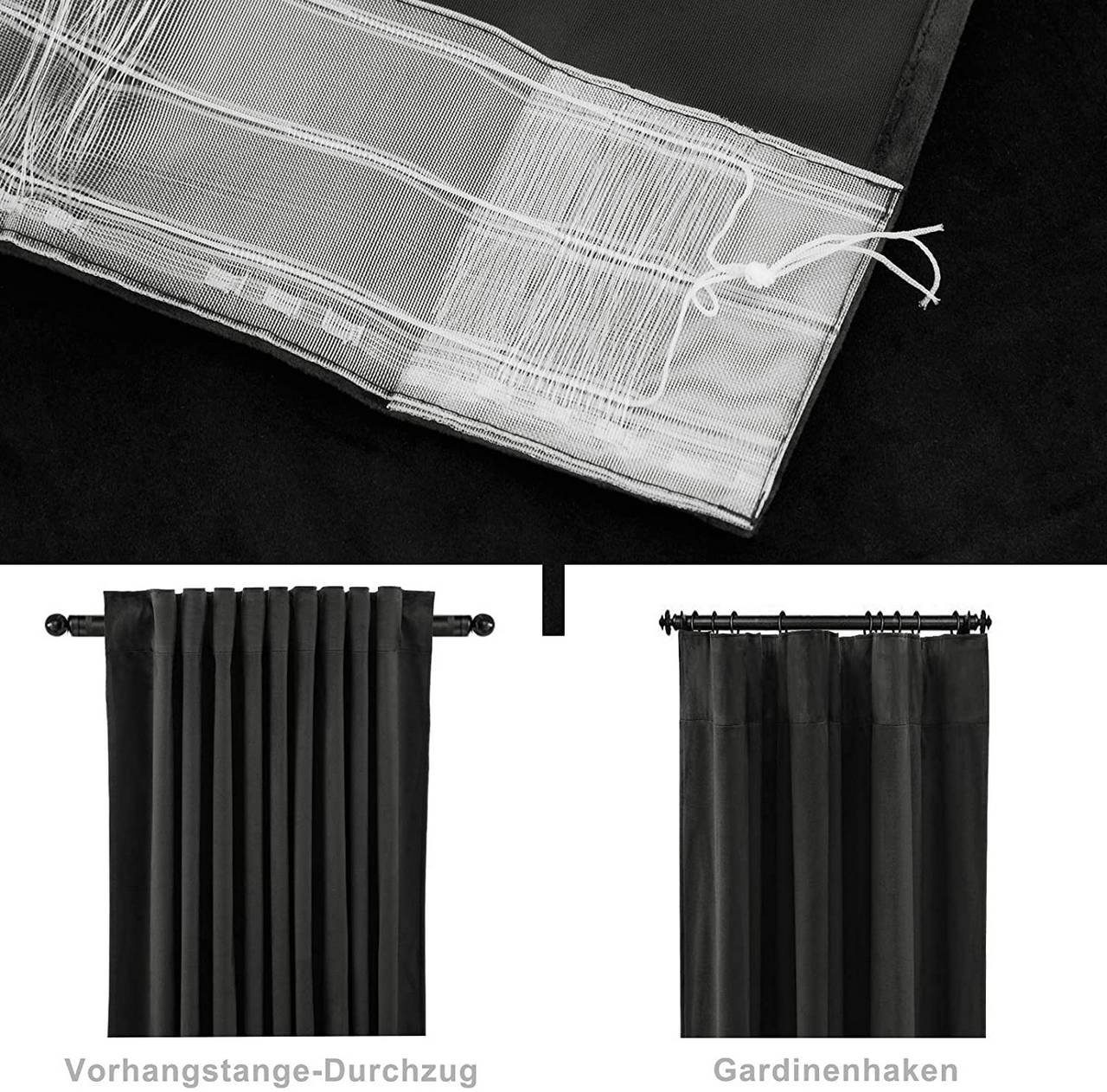 Vorhang, Woltu, Multifunktionsband (2 St), verdunkelnd, blickdicht mit Kräuselband 300g/m² schwarz