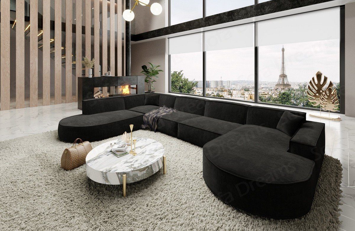 Sofa Dreams Wohnlandschaft Designer Stoff Sofa Modern Couch Alegranza U Form Stoffsofa Schwarz-Mo95