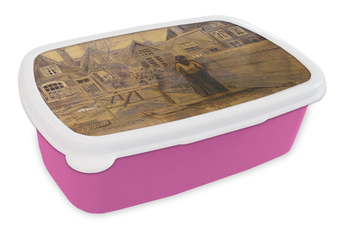 MuchoWow Lunchbox Das Haus der Mutter von Sien vom Garten aus gesehen - Vincent van Gogh, Kunststoff, (2-tlg), Brotbox für Erwachsene, Brotdose Kinder, Snackbox, Mädchen, Kunststoff rosa