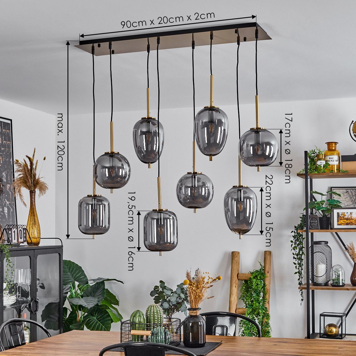 hofstein Hängeleuchte »Ambrogio« Hängelampe aus Metall/Glas in Messingfarben/Rauchfarben, ohne Leuchtmittel, Deckenleuchte im modernen Design, Höhe max. 120cm, 8xE14