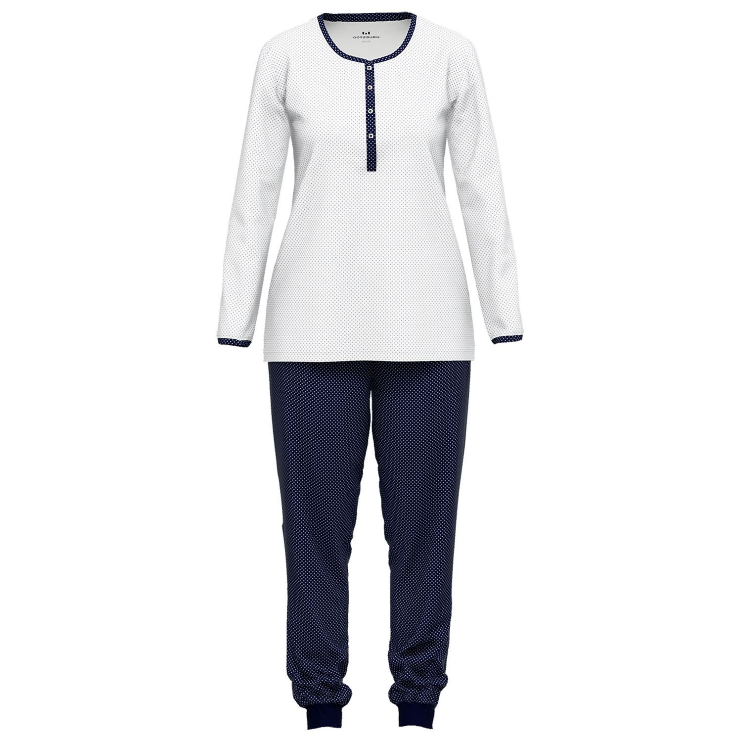 GÖTZBURG Schlafanzug mit Henley-Auschnitt, Knöpfe, langarm, weich, bequem, reine Baumolle weiß / navy gepunktet | Pyjama-Sets