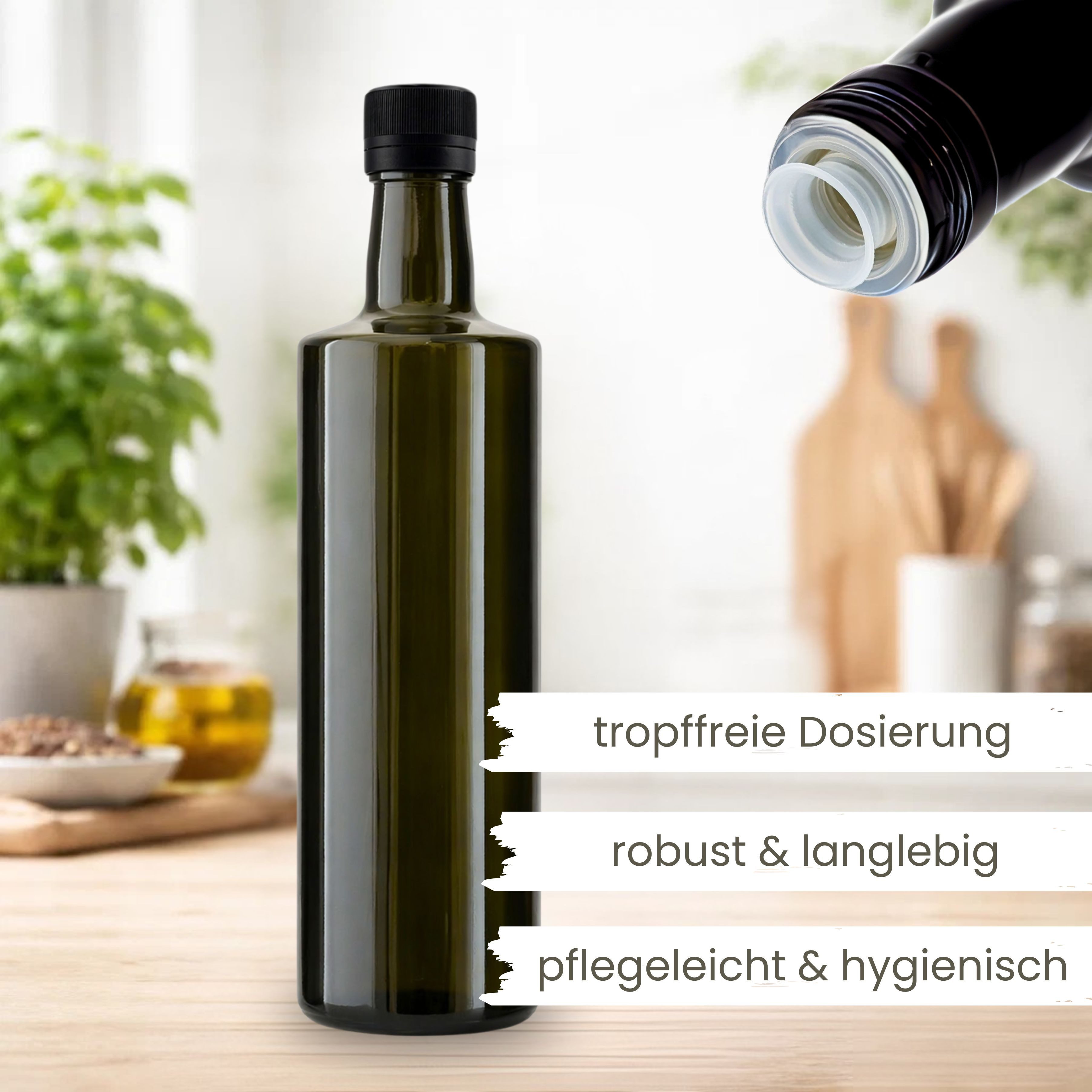 mikken Ölspender 2 Ölflaschen 500ml Antikglas mit Ausgießer Glasflasche zum Befüllen, (Essig & Öl Set), mit Etiketten, Originalitätsring, UV-Schutz, Luftdicht,  – Bild 2 von 4