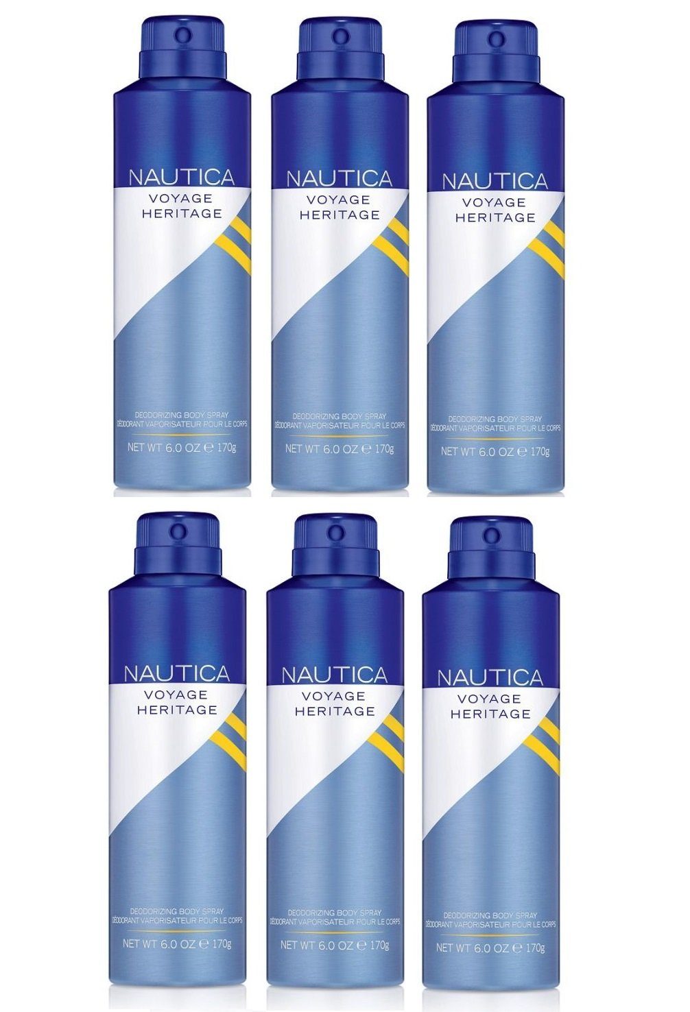 NAUTICA Bodyspray Voyage Heritage 6x 170ml Deo Spray Set Bodyspray Beauty Deodorant Men, Pfirsisch,Ananas, Jasmin, Zeder, Bergamotte, Moschus, Sandelholz, Ohne Tierversuche, 6-tlg., 24 Stunden Schutz, Effektiver Schutz vor Körpergeruch