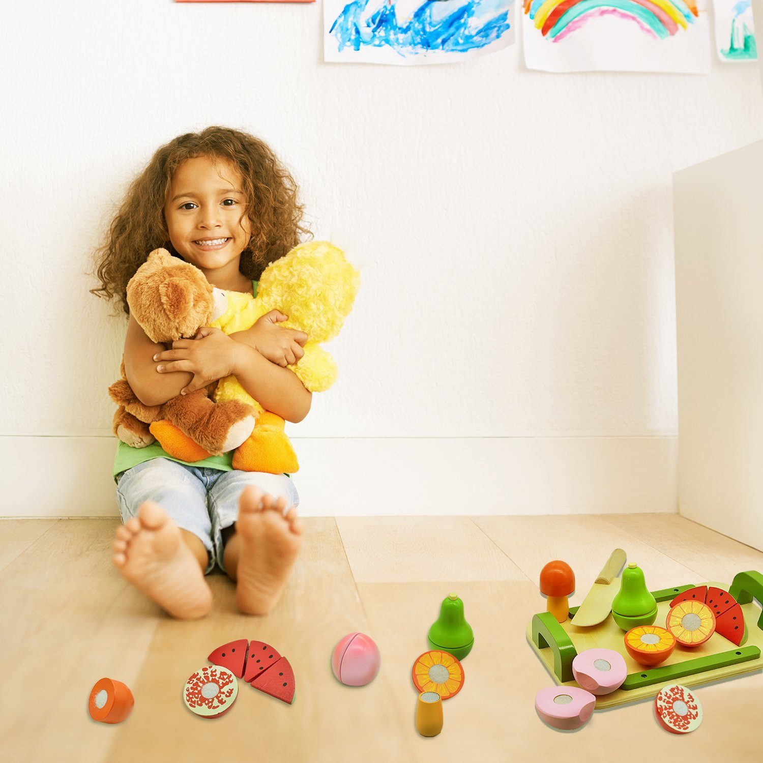 MIAS Lernspielzeug Holzobst Früchte zum schneiden Klettverschluß Holz Obst Brett Messer