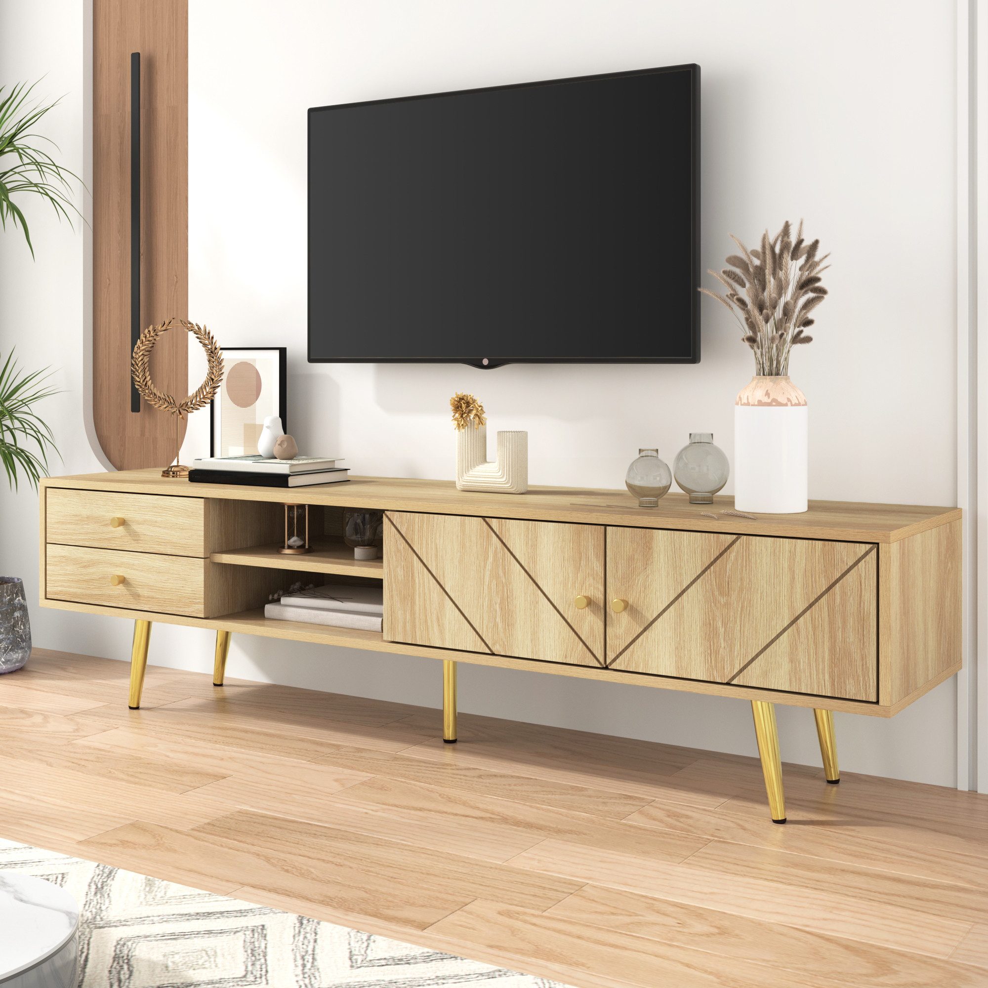 Merax Lowboard Holzoptik (1 St), TV-Schrank mit 2 Schubladen, Türen & Goldfüße, Breit: 160cm