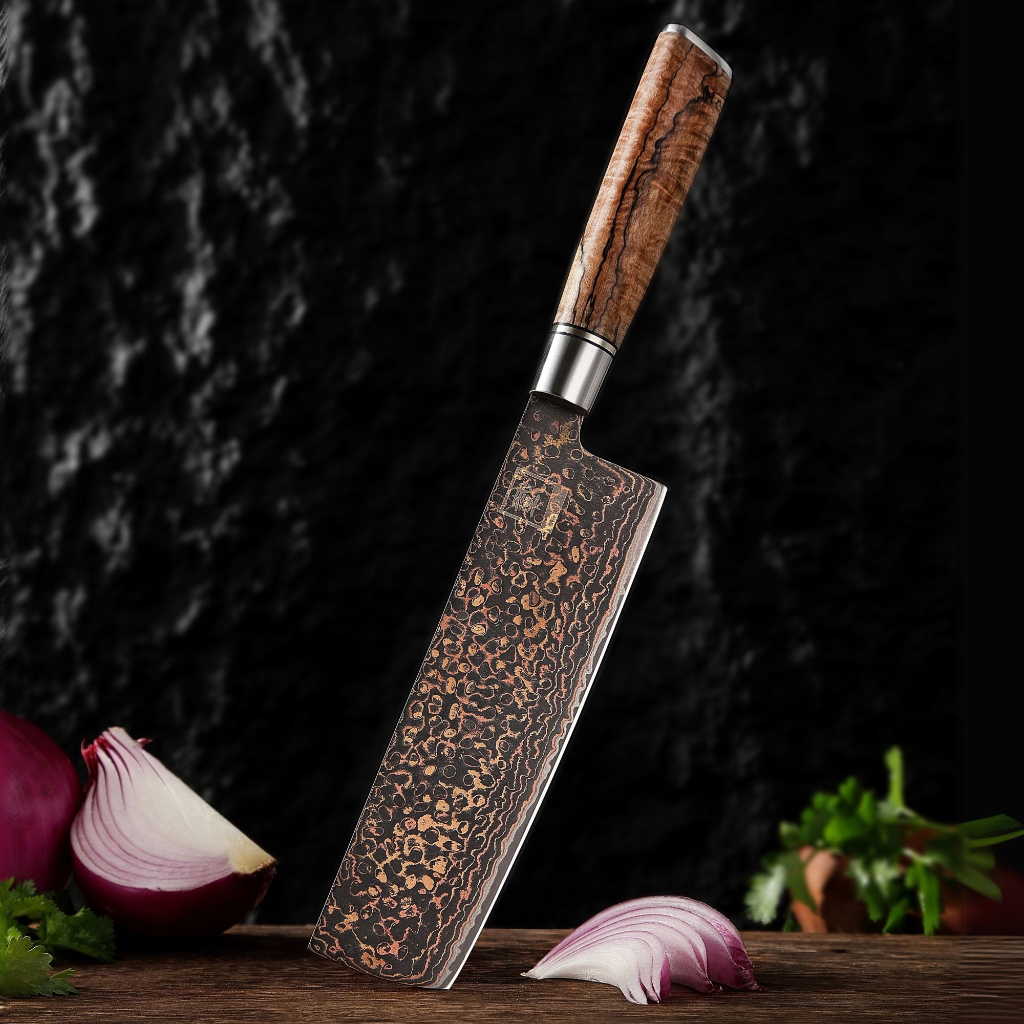 ZAYIKO Asiamesser BlackMagma Damast Nakiri Küchenmesser 18 cm Klinge Kupfer-Bronze, schwarzer Damaststahl, Kupfer-Bronze-Einlage