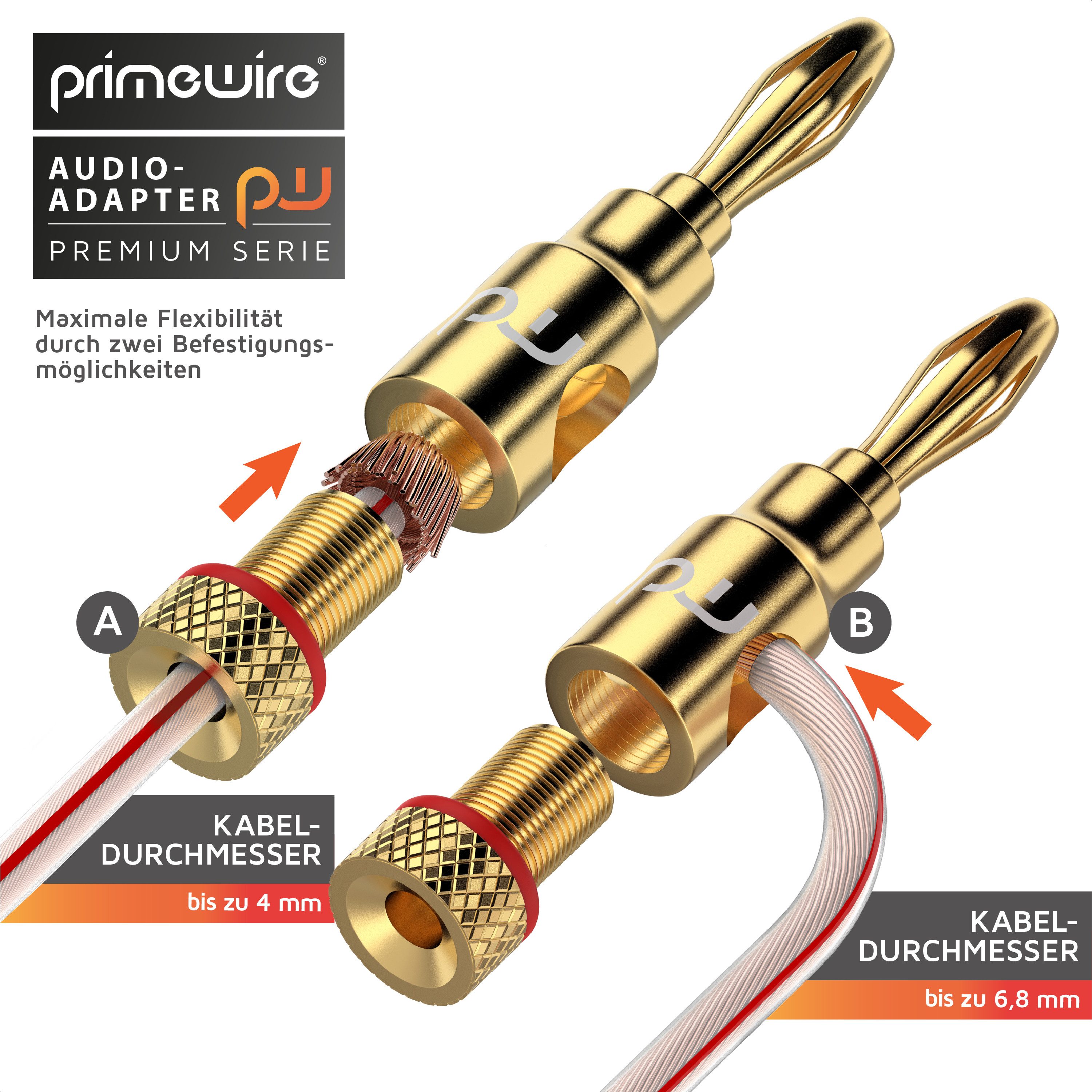 Primewire Bananenstecker für Kabel bis 6,8mm² für Lautsprecherkabel & Verstärker Audio-Adapter Bananenstecker zu Bananenbuchse, einfache Schraubmontage, fester  – Bild 3 von 5