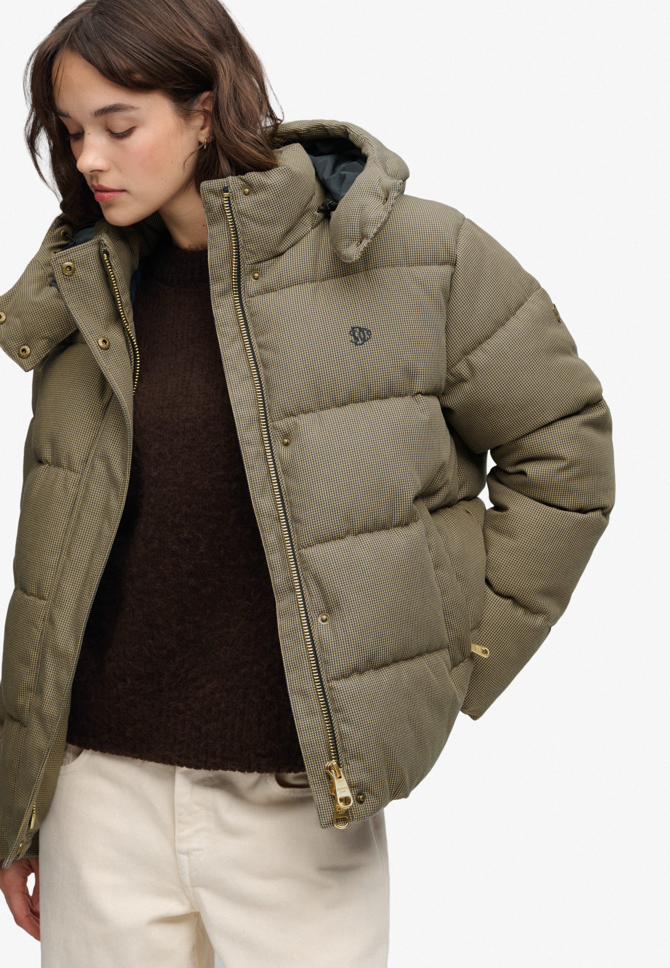 Superdry Steppjacke PREMIUM HOOD CHECK PUFFER JKT Materialmix, relaxed fit, außen aus Webstoff mit Hahnentritt-Muster
