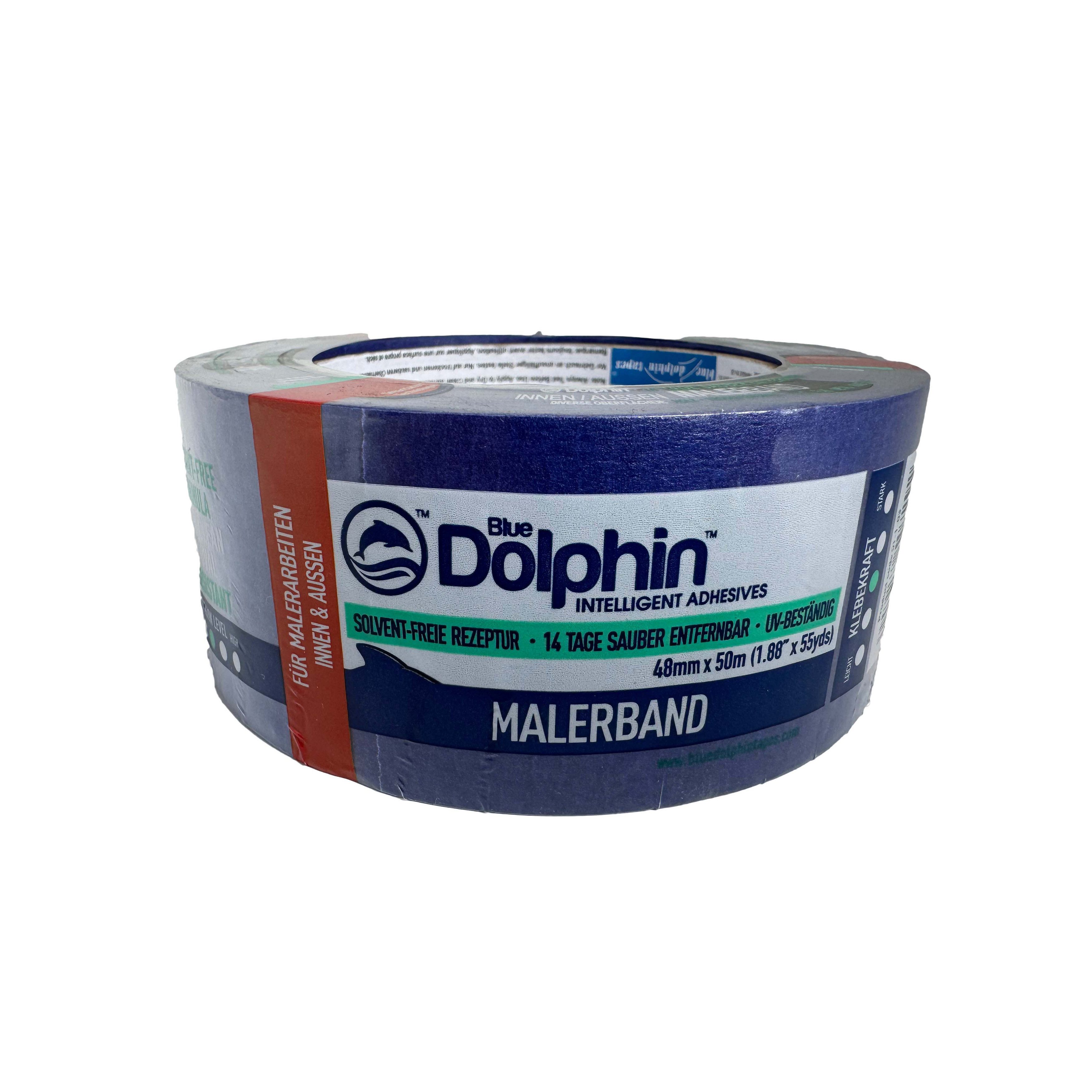 BlueDolphin Kreppband Malerband Abklebeband Kreppband Klebeband 48 mm (Single-pack, 1-St., 1 Malerband) Rückstandsfrei entfernbar, UV-beständig, Verhindert Unterlaufen