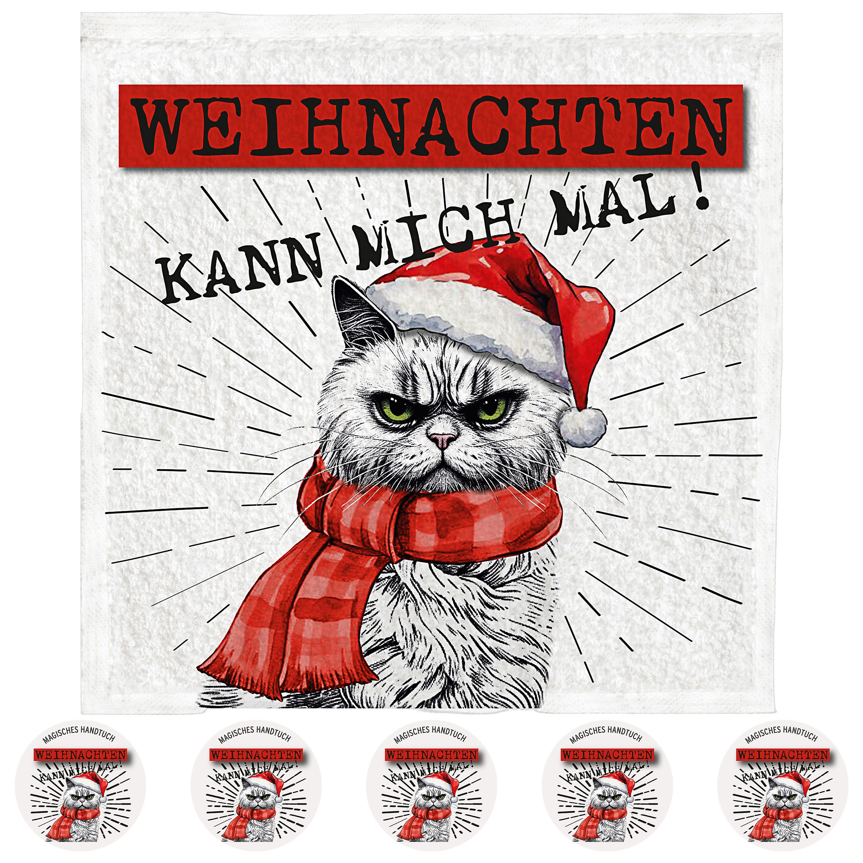 CEPEWA Handtuch Magisches Handtuch 'XMAS CAT' 6er Set 30x30cm Baumwolle Tuch Katze