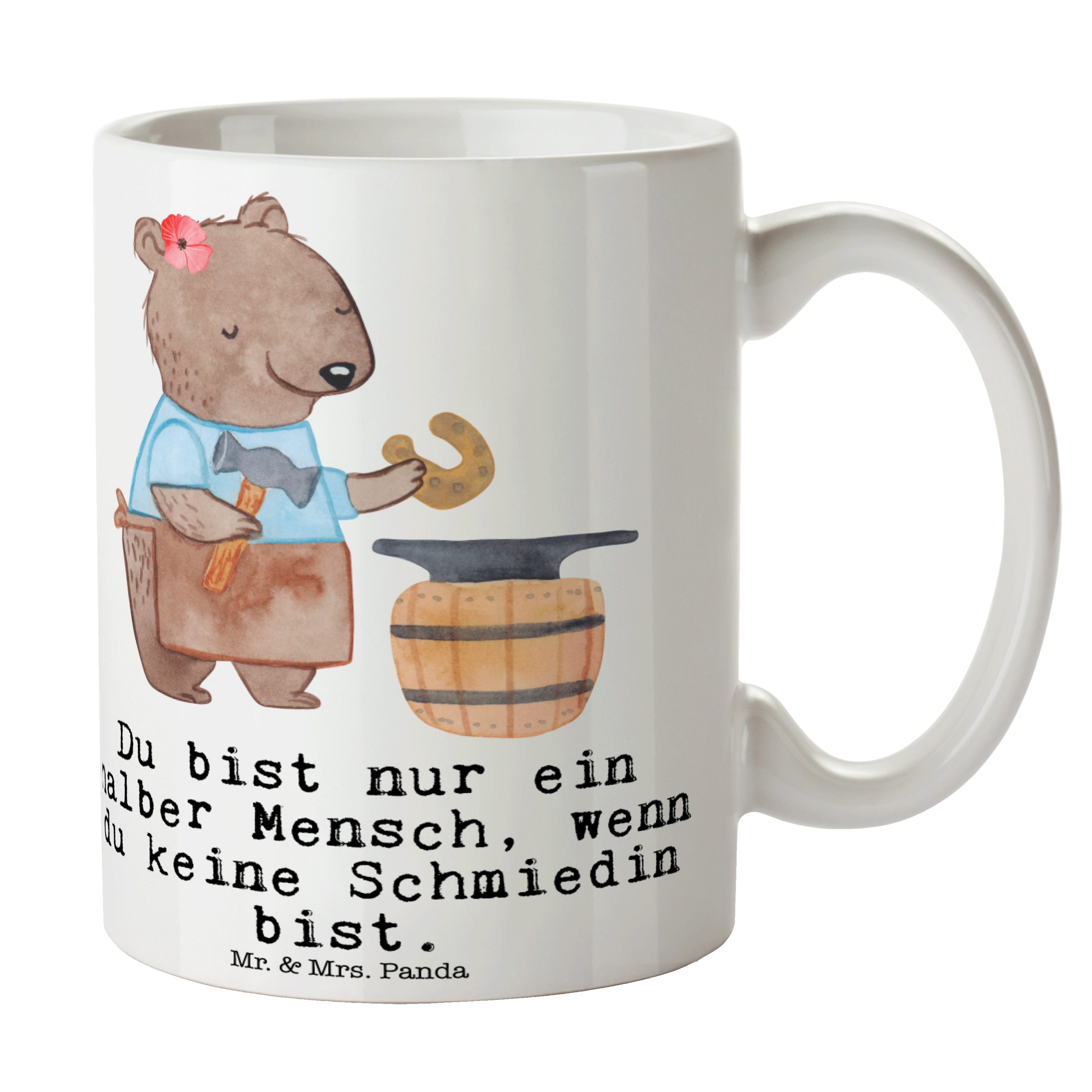 Mr. & Mrs. Panda Tasse Schmiedin mit Herz - Weiß - Geschenk, Kaffeebecher, Büro Tasse, Keram, Keramik