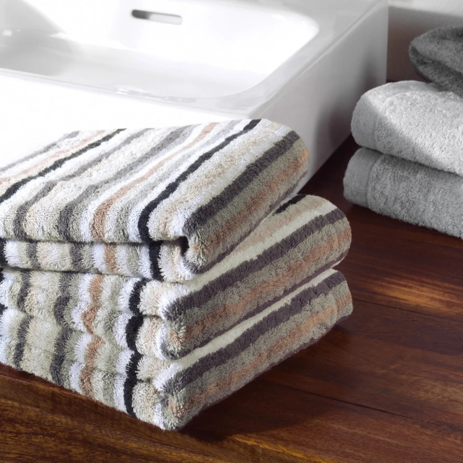 Cawö Handtuch 2 Stück Cawö Life Style Handtücher 7048-37 Streifen kiesel 50x100, Walkfrottier (2-St), 100% Baumwolle