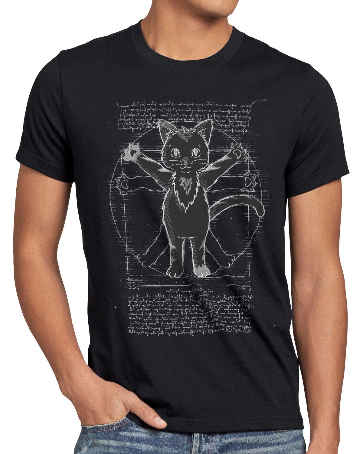 style3 Print-Shirt Herren T-Shirt Vitruvianische Katze kätzchen da vinci tier schwarz