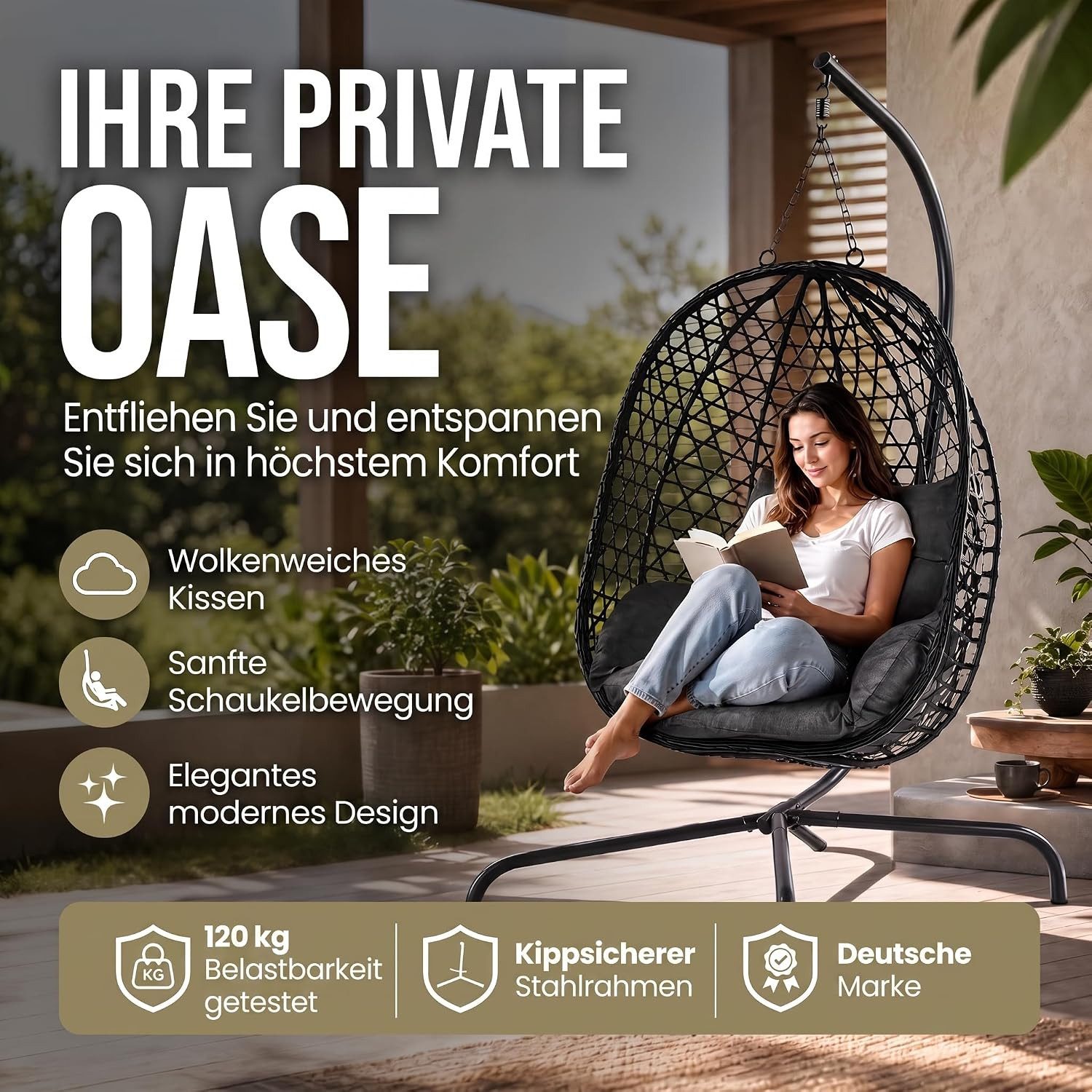 Goods+Gadgets Hängestuhl Polyrattan Hängestuhl mit Gestell und Kissen–Komfort für Innen & Außen (Hängekorb Sessel), Schwebeliege Rattan Outdoor & Indoor Relax Hängeliege