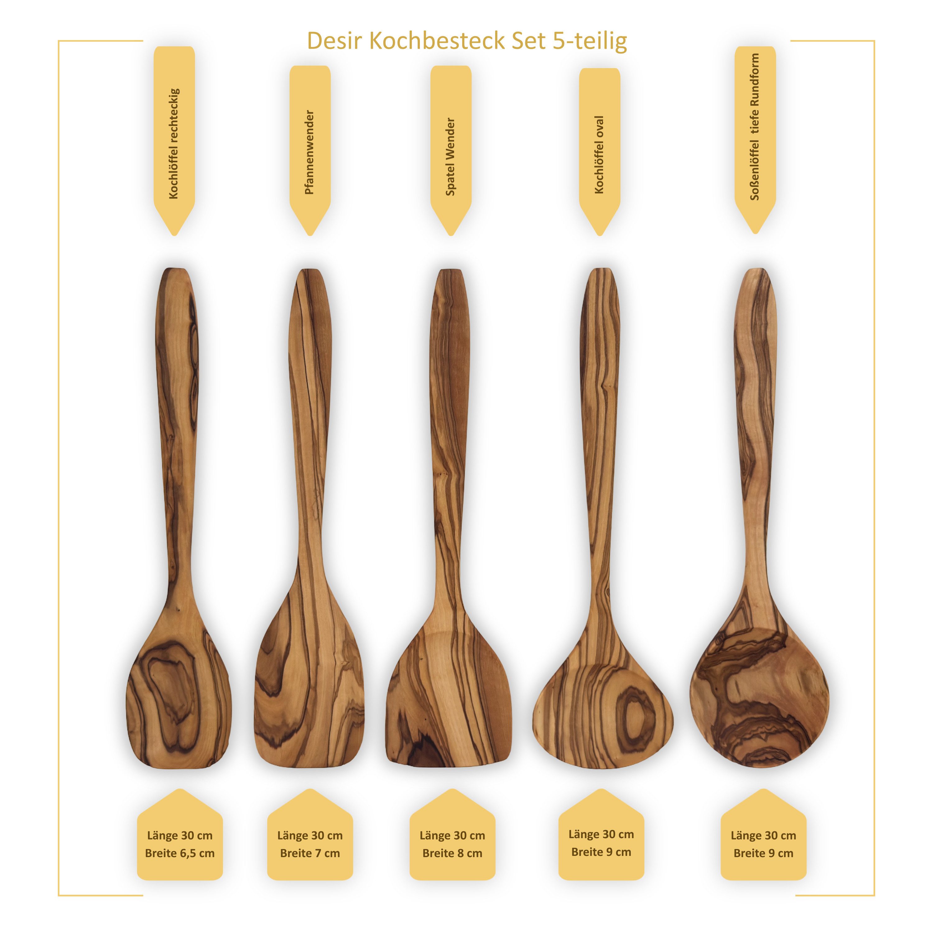 medina mood Kochbesteck-Set „Desir“ L 30 cm 5-teilig aus edlem Olivenholz (1-tlg), komfortabel, perfekt für alle Kochbedarfe