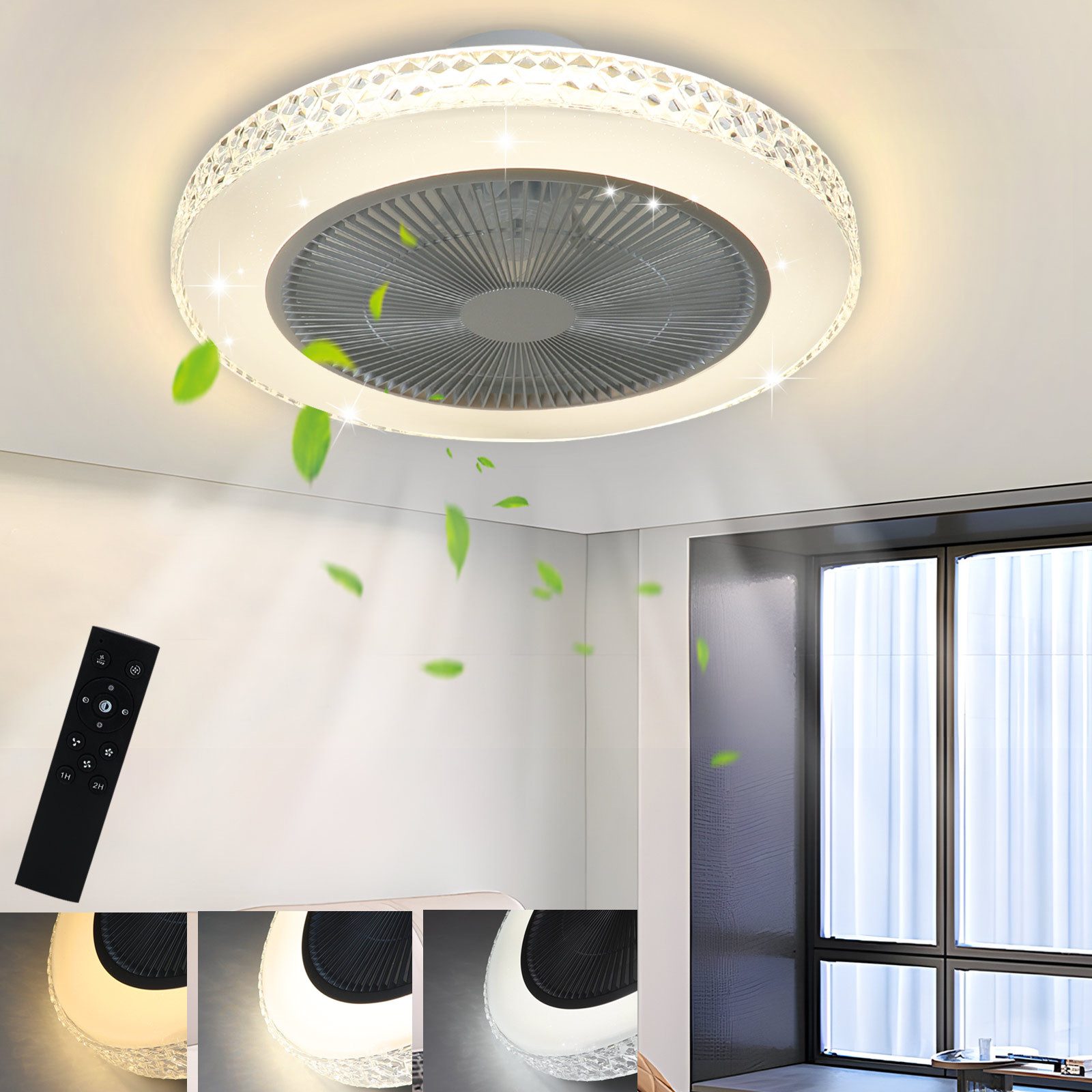 Nettlife Deckenventilator LED-Lampe leise dimmbar inkl. Timer-Funktion Durchmesser 48,5 cm, Wohnzimmer Schlafzimmer Esszimmer