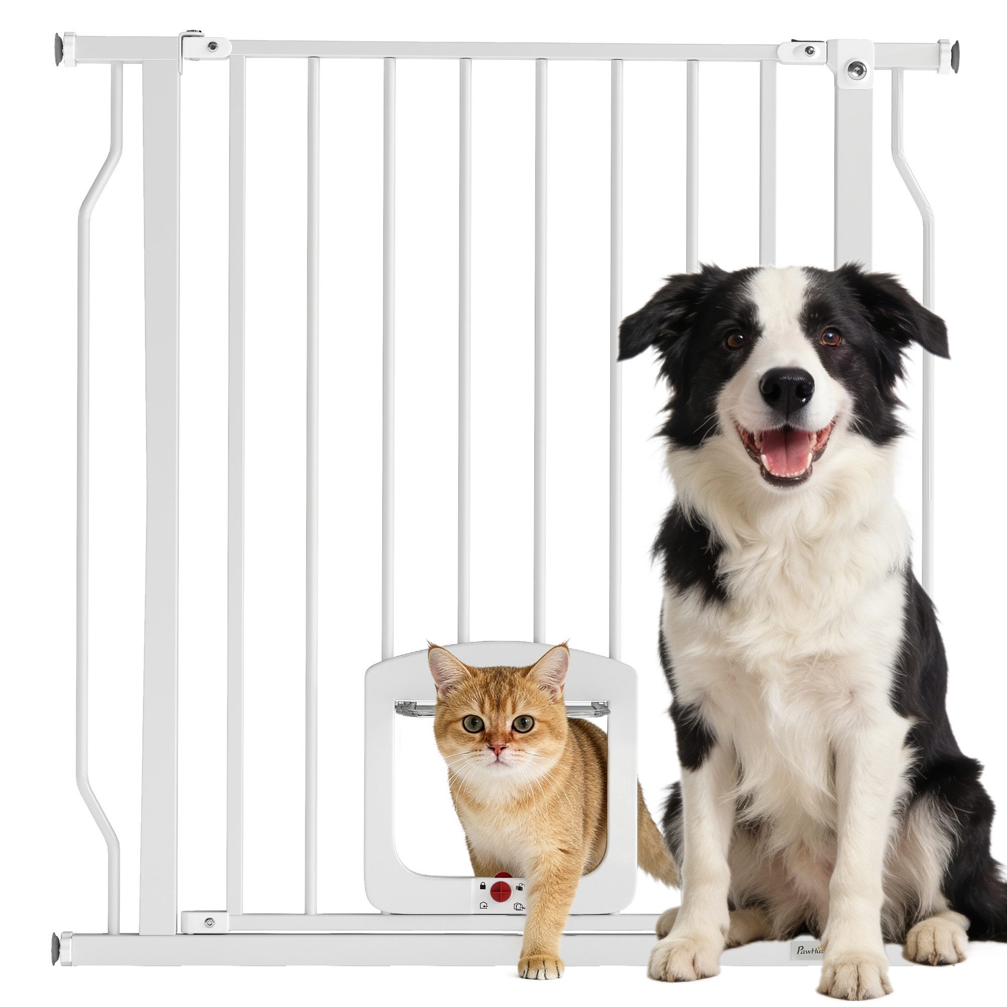 PawHut Hundegitter Treppenschutzgitter mit Katzenklappe ohne Bohren Schutzgitter (Absperrgitter, 1 St., Türschutzgitter), für Tür, Treeppe, Weiß – Bild 2 von 5