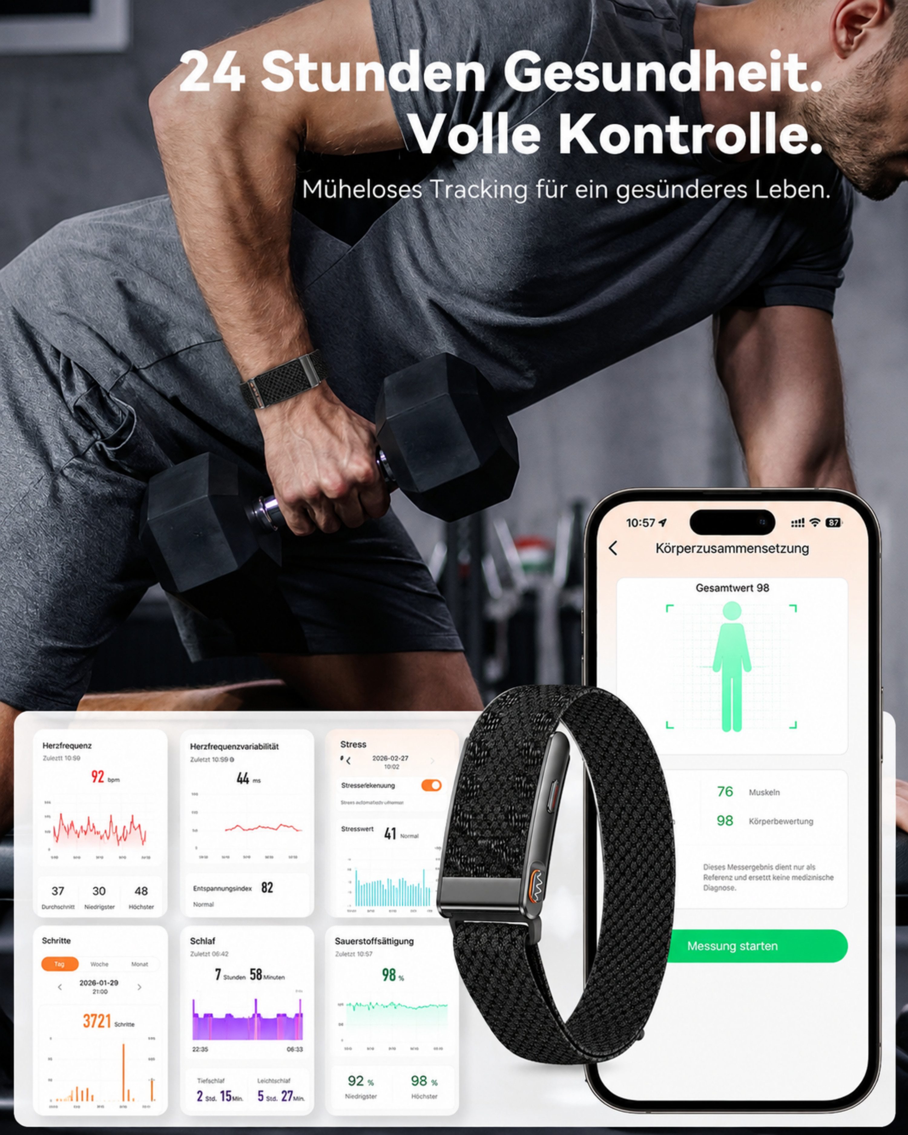 RUHE Fitness-Tracker Smart Band Metall Fitness Armband ohne Display Herren Damen Metall (Fitness Armband, 1-tlg., Mit Extra Armband aus Nylon), Akku +1 Monat Laufzeit Pulsmesser 24/7 Schlafmonitor Schrittzähler
