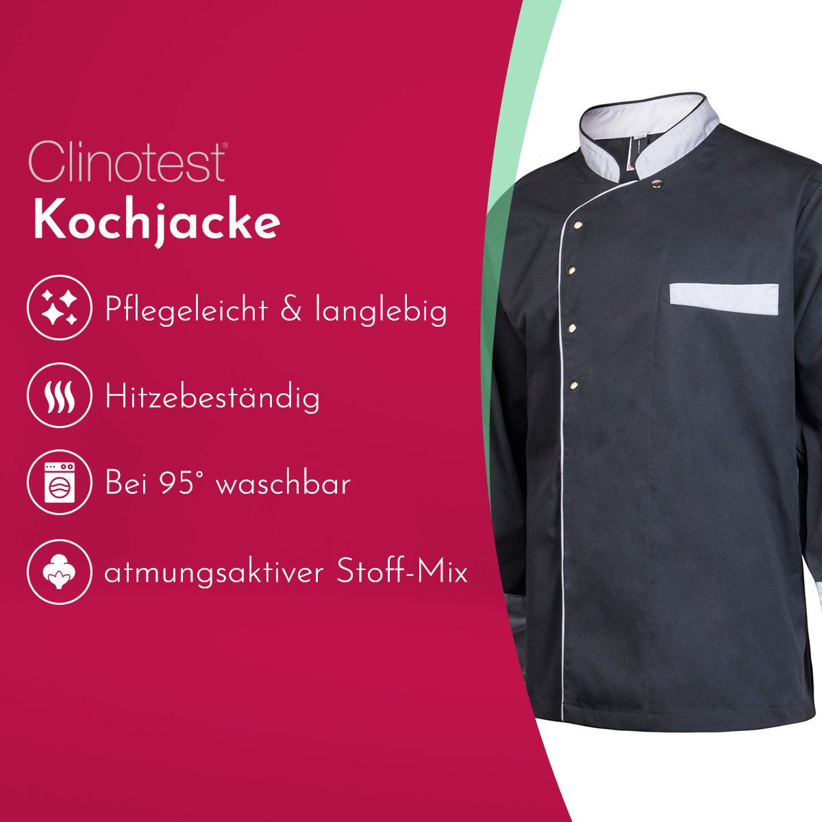 Clinotest Kochjacke langarm - 95 Grad waschbare, kochfeste Kochjacken ohne Einlaufen (1-St) Kochhemd aus 65% Polyester, 35% Baumwolle, mit Druckknopfverschluss – Bild 2 von 5