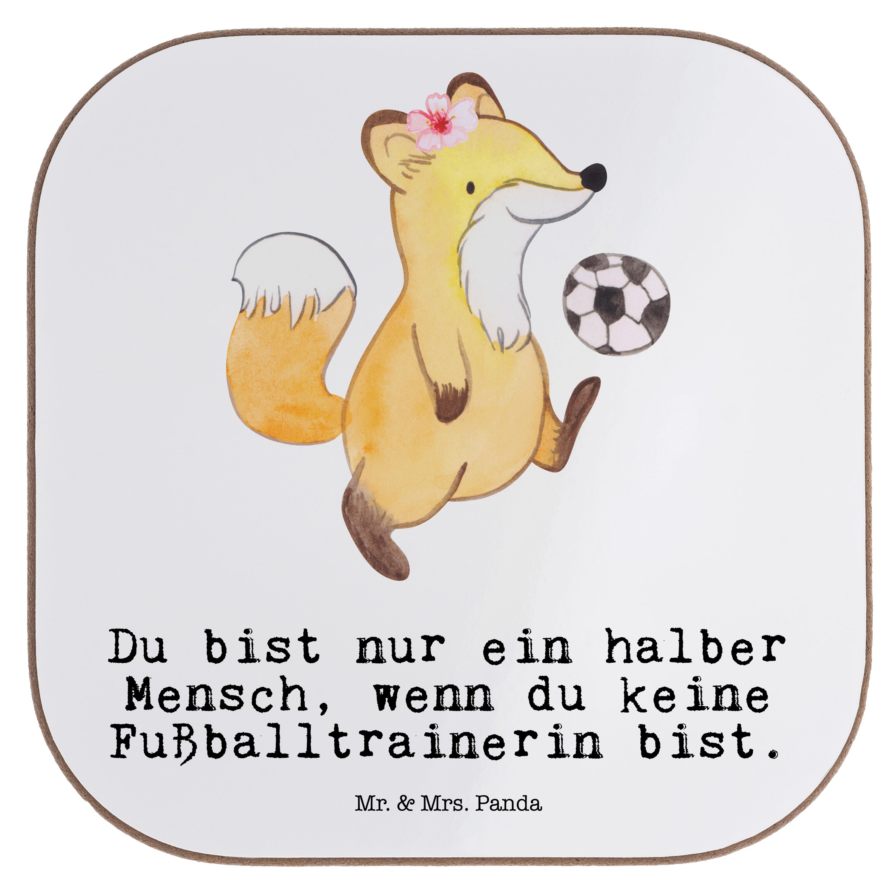 Mr. & Mrs. Panda Getränkeuntersetzer Fußballtrainerin mit Herz - Weiß - Geschenk, Fußballspiel, Danke, Kol, 1-tlg.