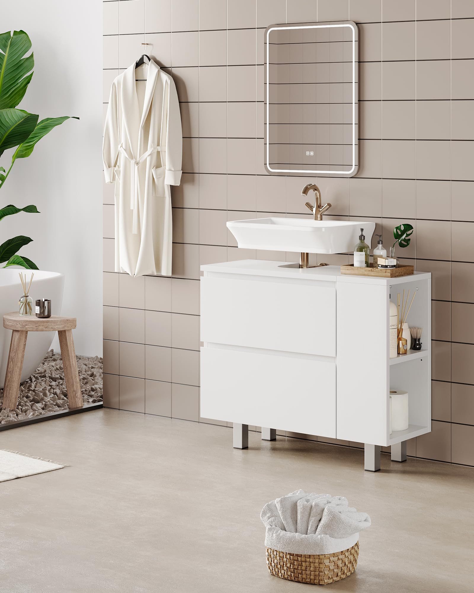 MSMASK Waschbeckenunterschrank Badezimmerschrank mit 2 großen Schubladen,80 x 30 x 66cm (1-St) Transformierbarer Unterschrank, Verstellbare Ablage, Viel Stauraum