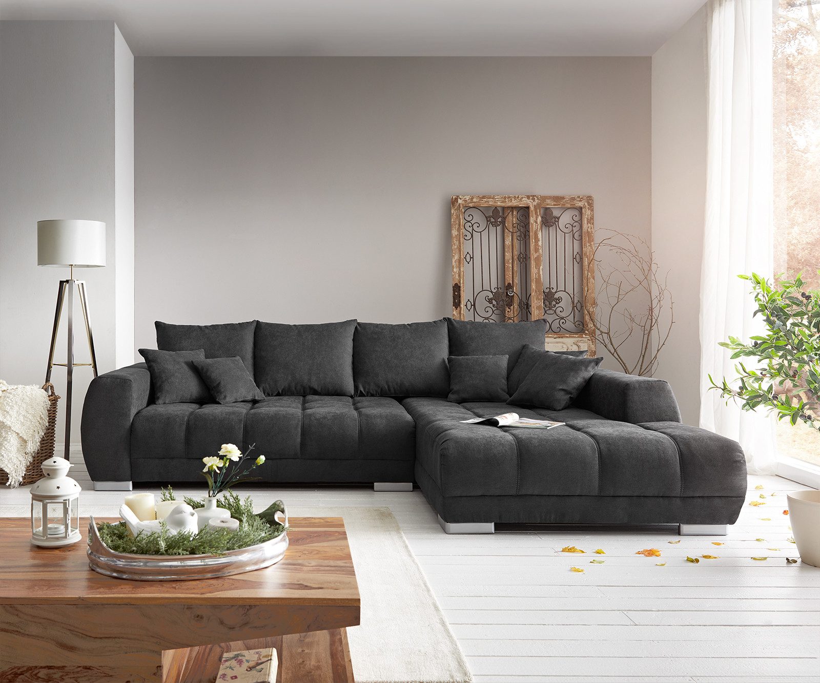 DELIFE Ecksofa Josea, Mikrofaser Schwarz 300x220 cm Recamiere rechts Ecksofa