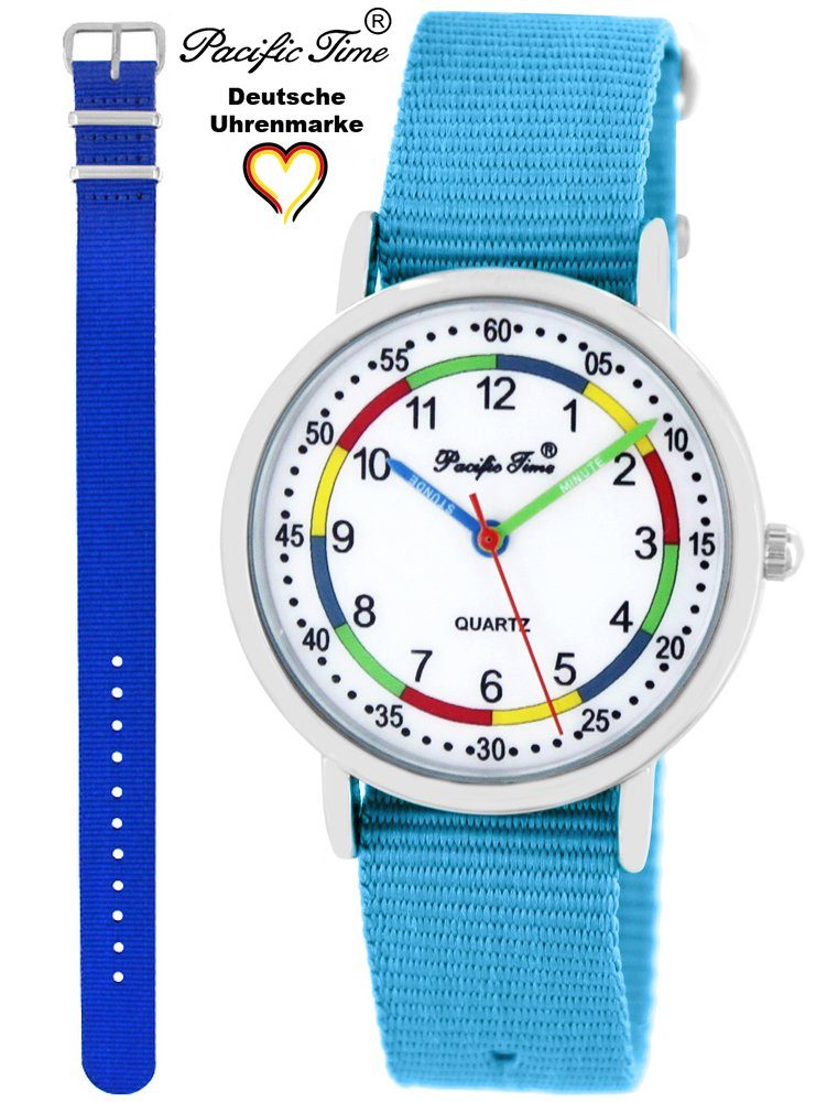 Pacific Time Quarzuhr Set royalblau Gratis Wechselarmband, Design Armbanduhr - Lernuhr und und Mix Match hellblau First Kinder Versand