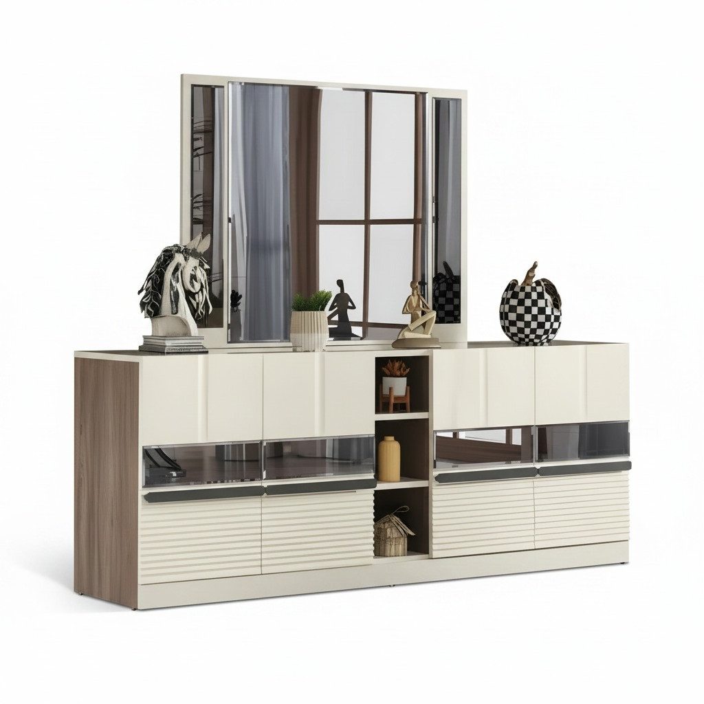 Xlmoebel Sideboard Elegantes Sideboard mit Spiegel in Hochglanz Weiß und Stauraum (Sideboard mit Spiegel, Sideboard mit Spiegel), Hergestellt in Europa