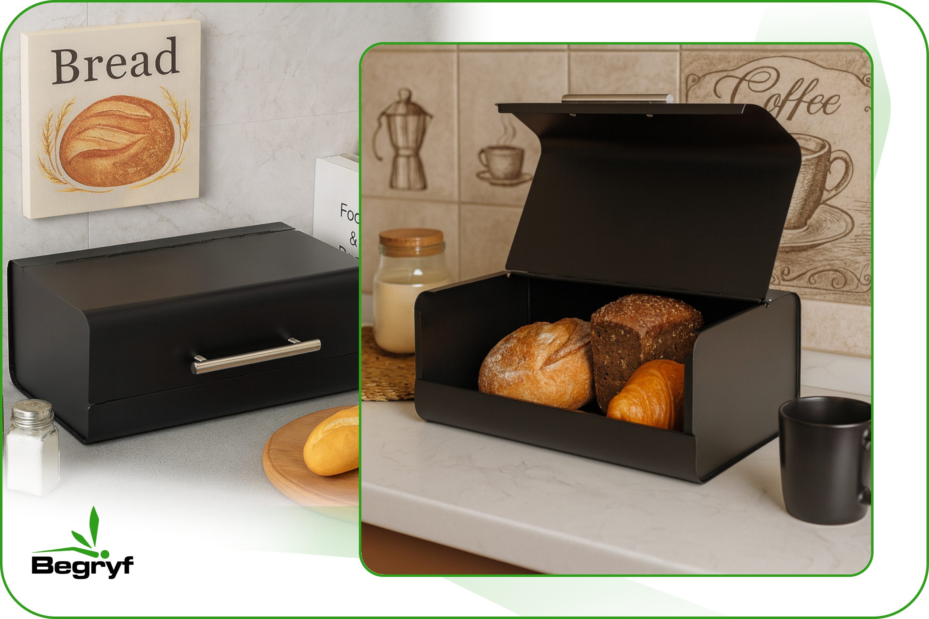BEGRYF Brotkasten Brotkasten Schwarz mit Klappdeckel 36 x 20,5 x 14,5 cm, metal, Klappdeckel und kompakte Bauweise – Bild 4 von 5