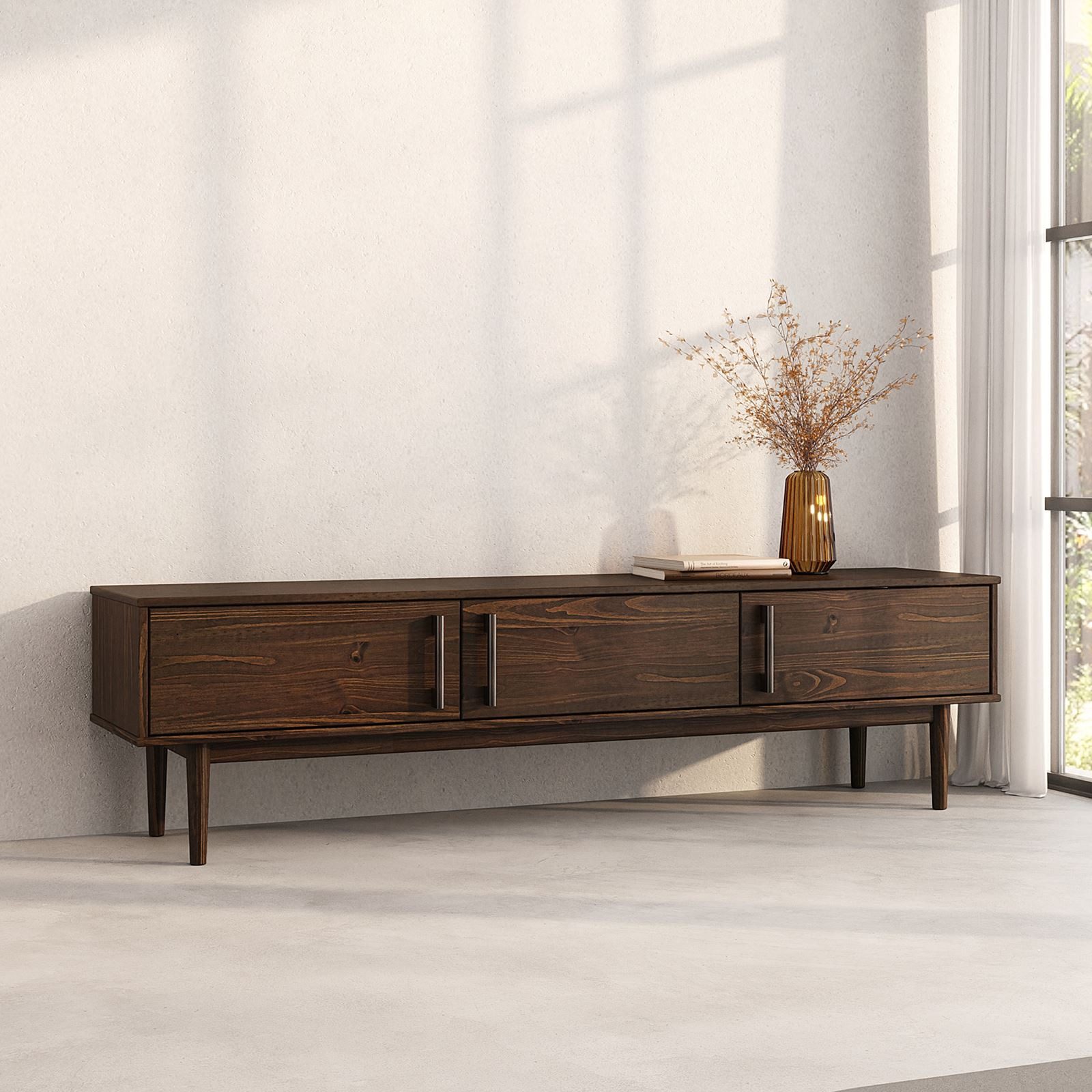IDIMEX Lowboard TECCA, Niedriges Sideboard aus Massivholz 3 Türen Wohnzimmer Nussbaum Finish