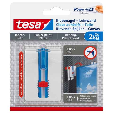 tesa Klebehaken Klebehaken mit max. 2 kg Haltekraft für Bilder - verstellbar, Dekoration, Bilder, Leinwände, (Spar-Set, 2-St., inkl. Powerstrips), Klebenagel - POWERSTRIPS Doppelseitig - für Leinwände - 2er Pack