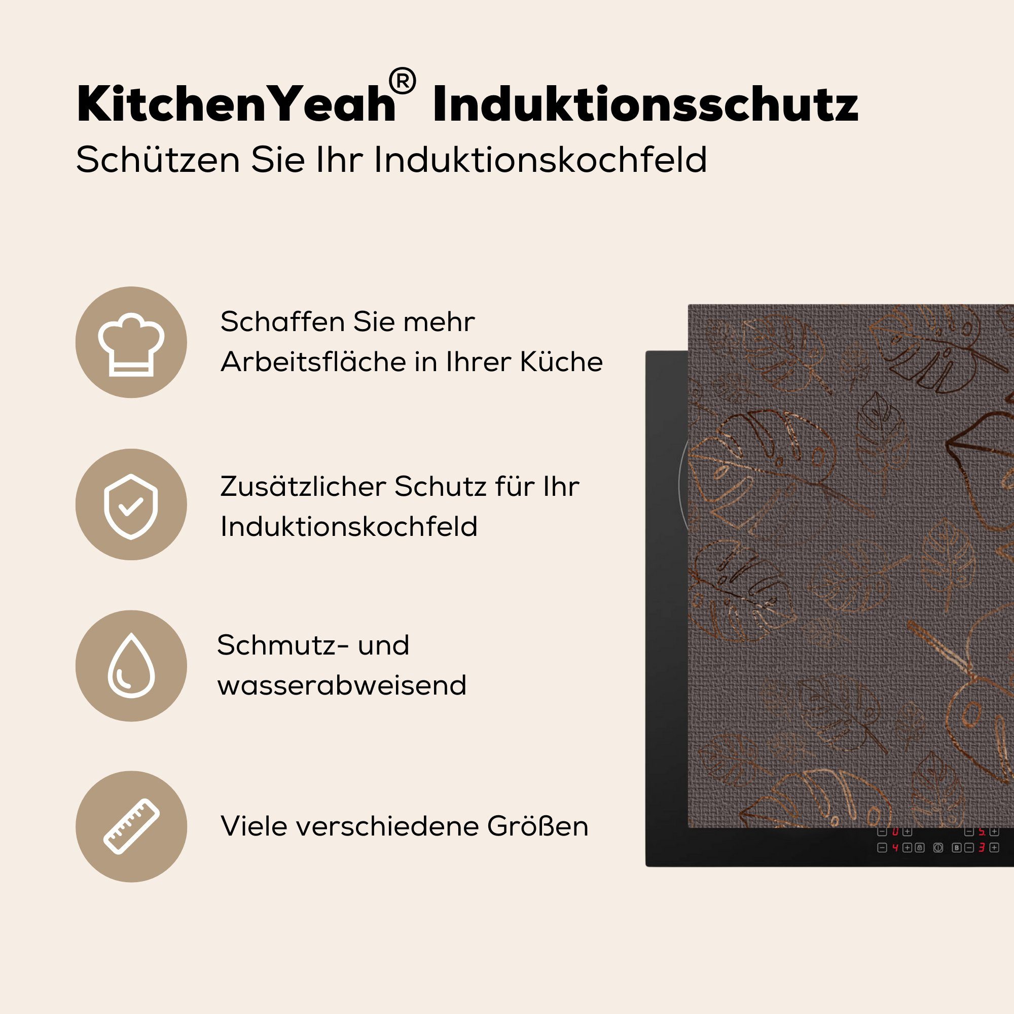 küche für - Muster Luxus Grau, Laub tlg), Vinyl, Arbeitsplatte cm, - - (1 Ceranfeldabdeckung, Herdblende-/Abdeckplatte MuchoWow 78x78