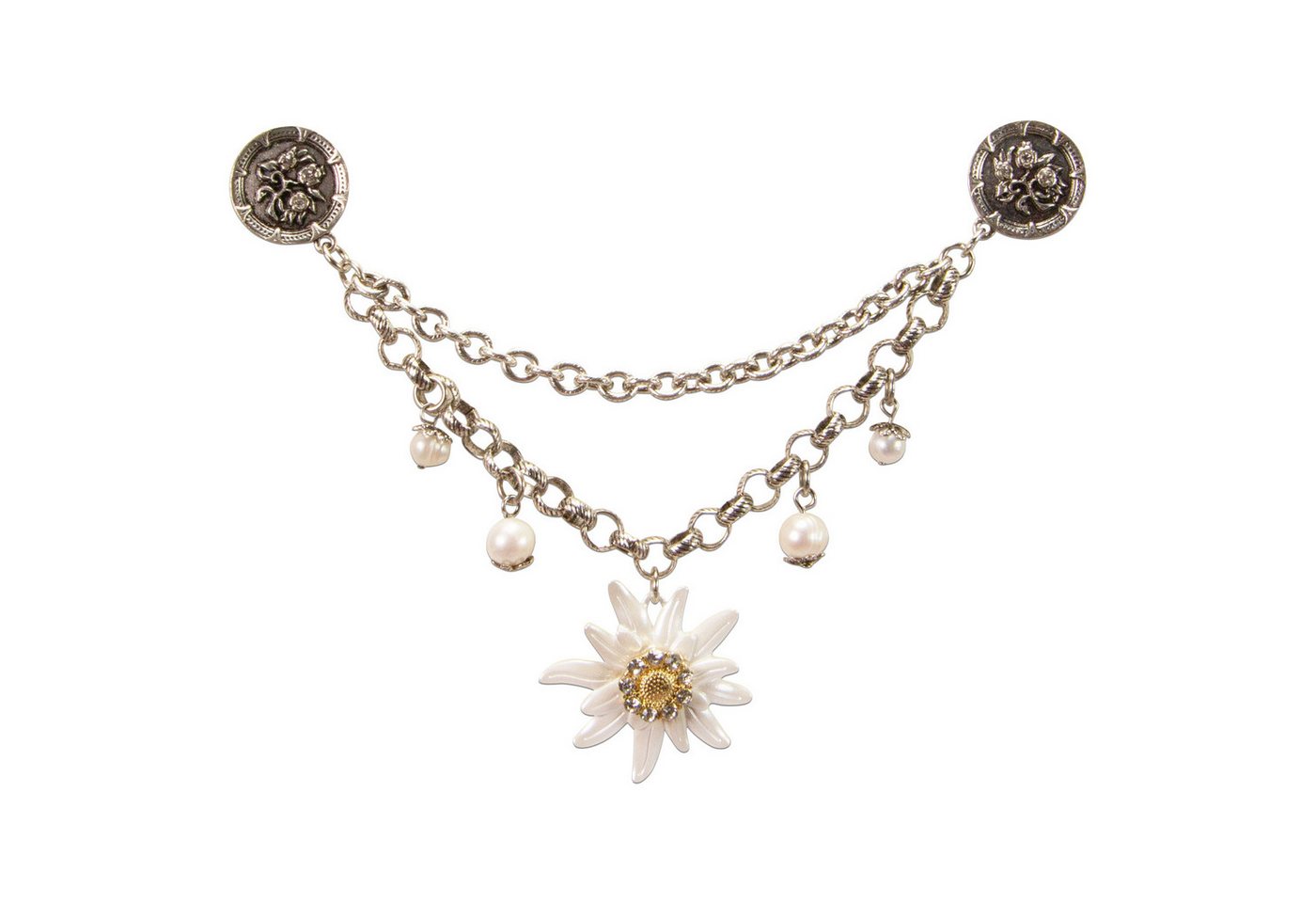Alpenflüstern Kette mit Anhänger Pin-Charivari Strass-Edelweiss Greta kurz (antik-silber-farben)