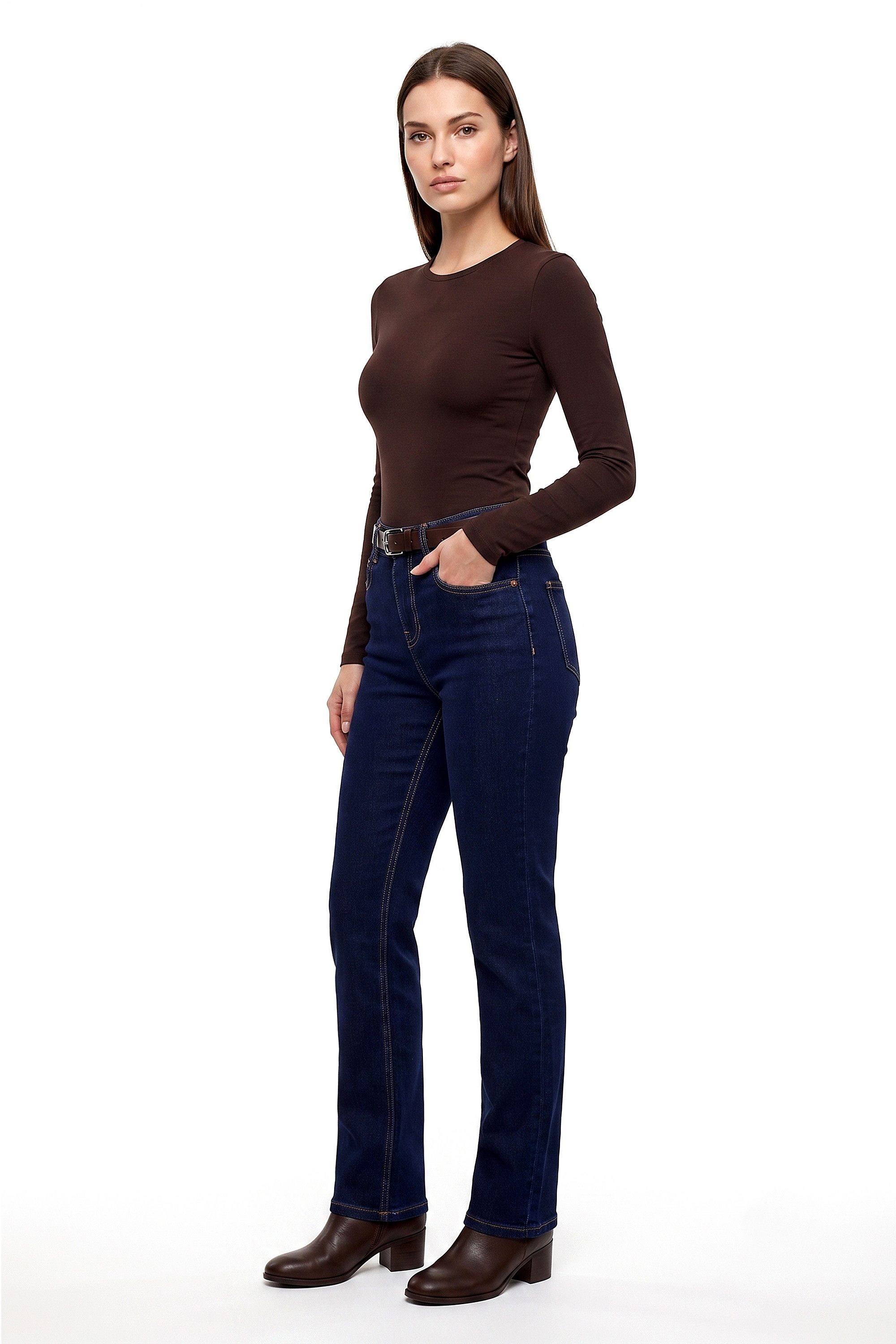 ESRA Straight-Jeans High Waist Damen Jeans Stretch Hose aus superweicher Baumwolle Straight Jeans Damen Stretch Jeanshose High Waist bis Große Größe