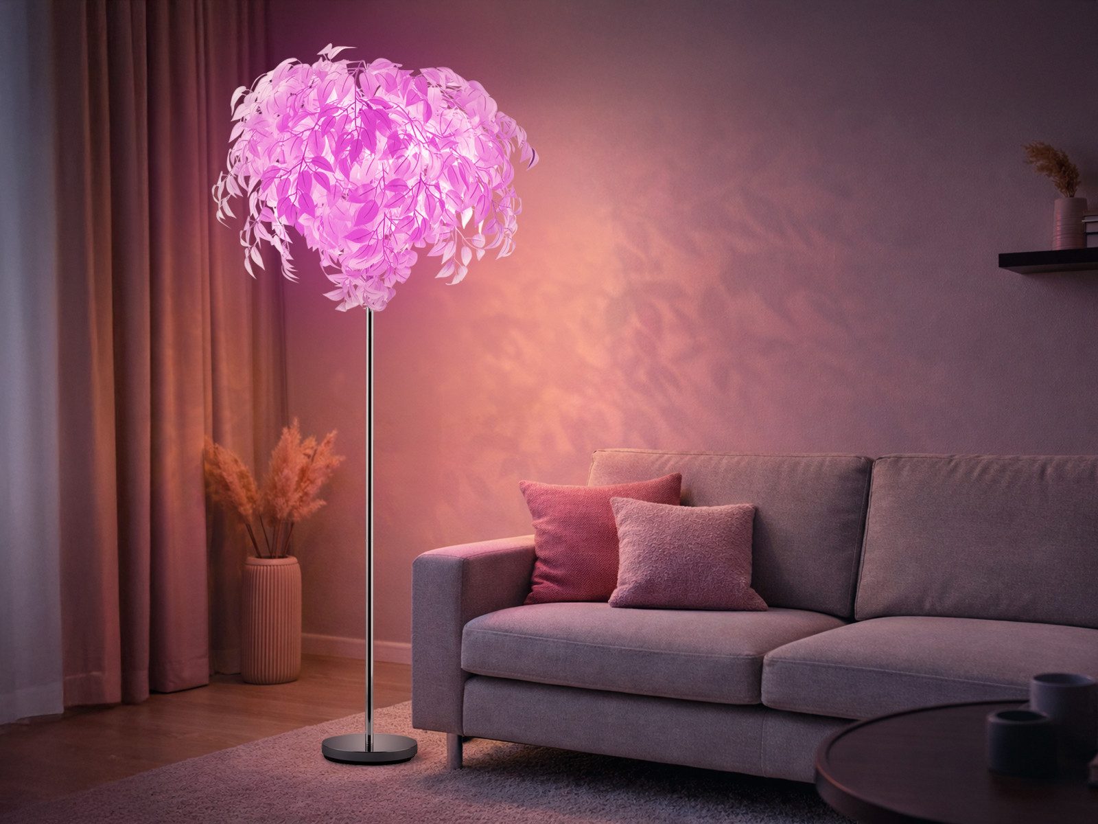 Reality Leuchten LED Stehlampe mit RGBW Leuchtmittel, Höhe 180cm, Dimmfunktion, LED wechselbar, Warmweiß, große ausgefallene Blattlampe, Leuchtmittel mit Fernbedienung dimmbar