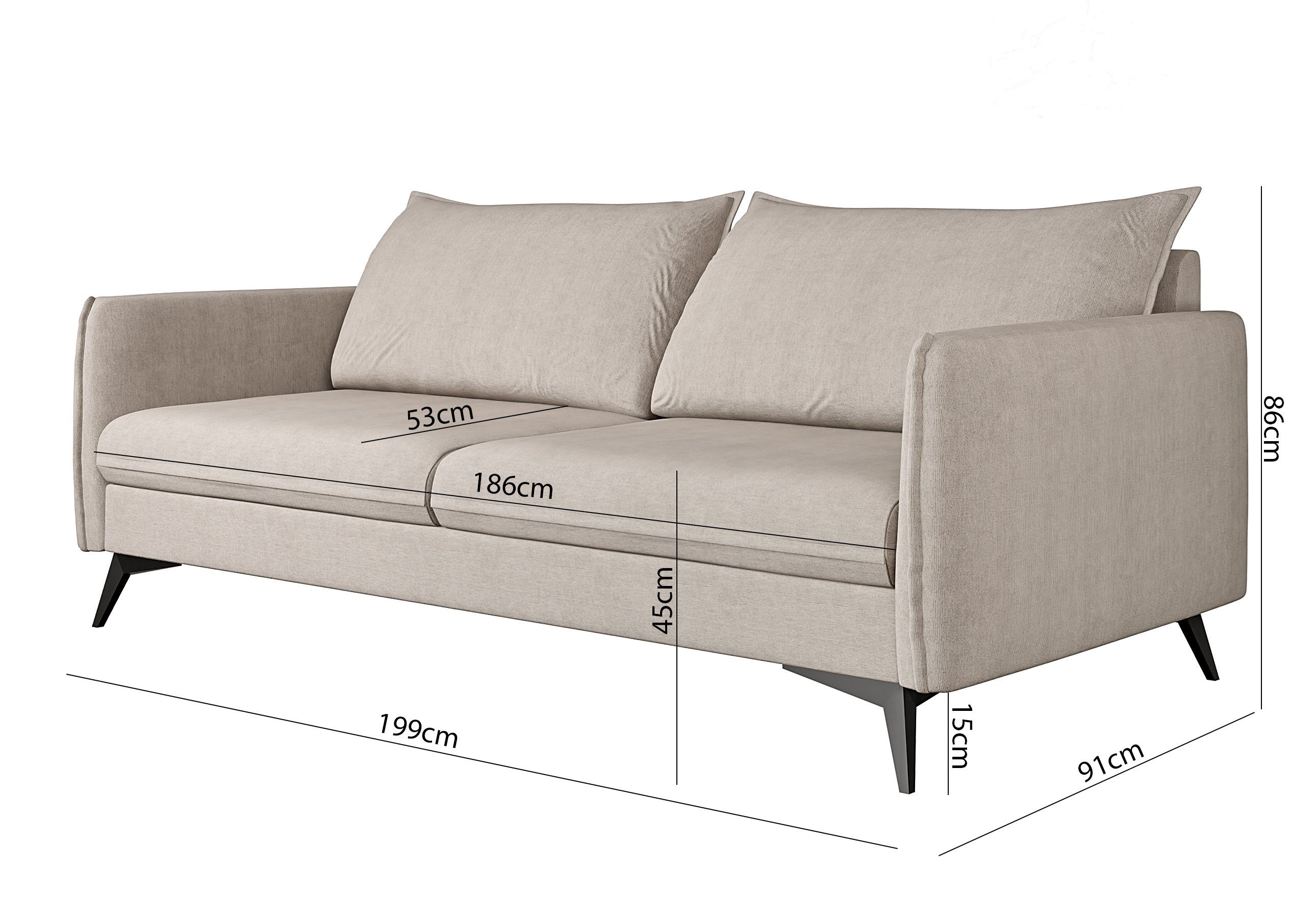 Beige Metall 3-Sitzer mit S-Style Möbel Sofa Wellenfederung Schwarz mit Azalea Füßen, Modernes