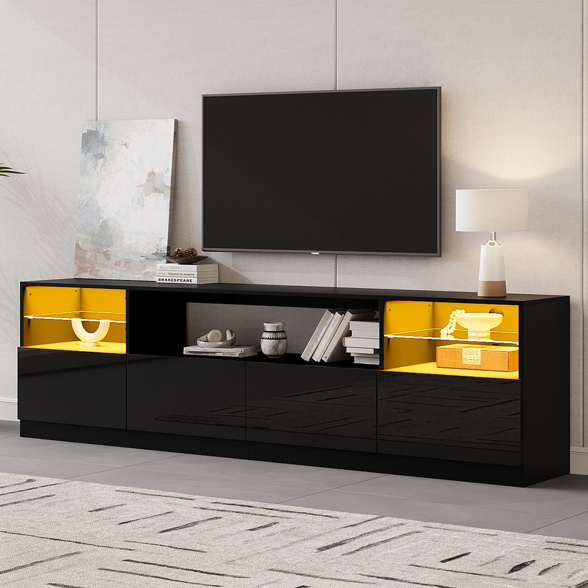 Merax Lowboard Hochglanz Fernsehschrank mit LED (1 St., Wohnzimmer & Esszimmer TV Board), TV-Schrank mit 4 Flügeltüren & 8 Fächer, 180x35x60cm