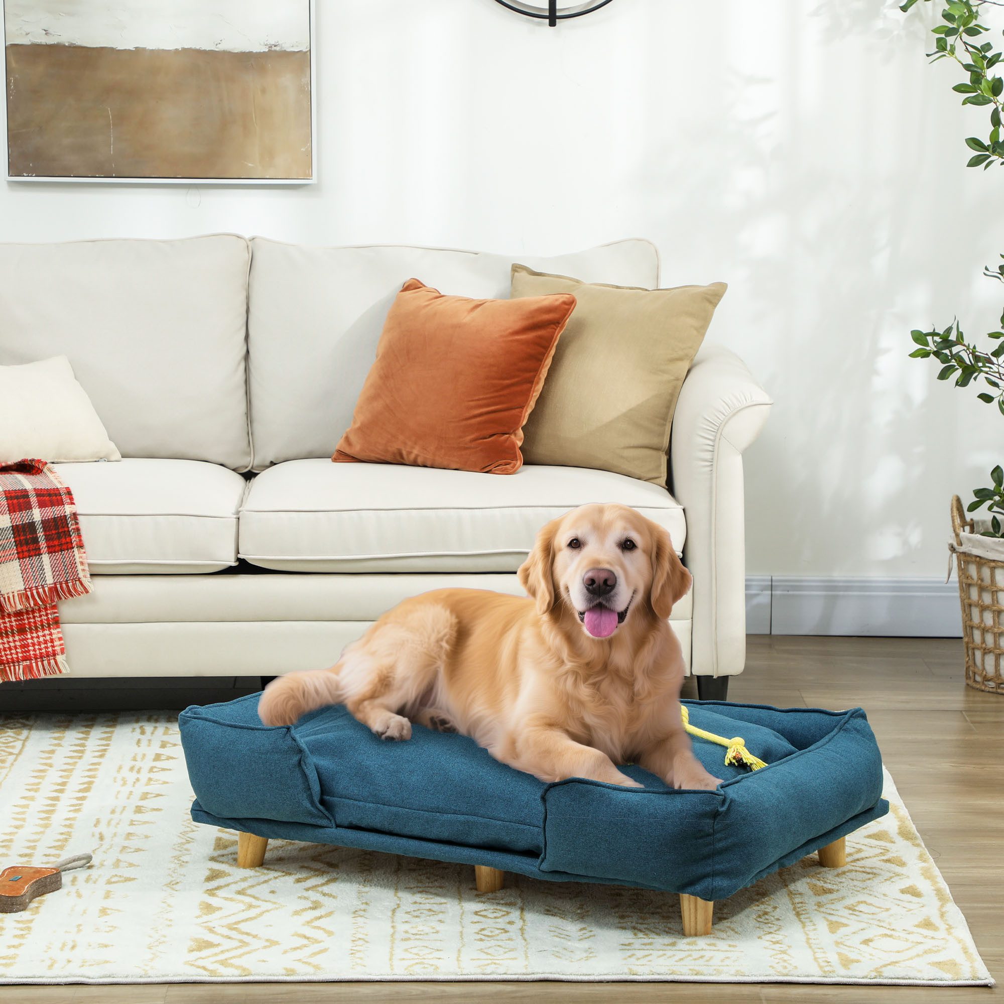 PawHut Tierbett Hundesofa mit Rückenlehne, Holzbeine Hundebett, 96 x 66 x 24 cm, Polyester-Gewebe, Blau 96 x 66 x 24 cm