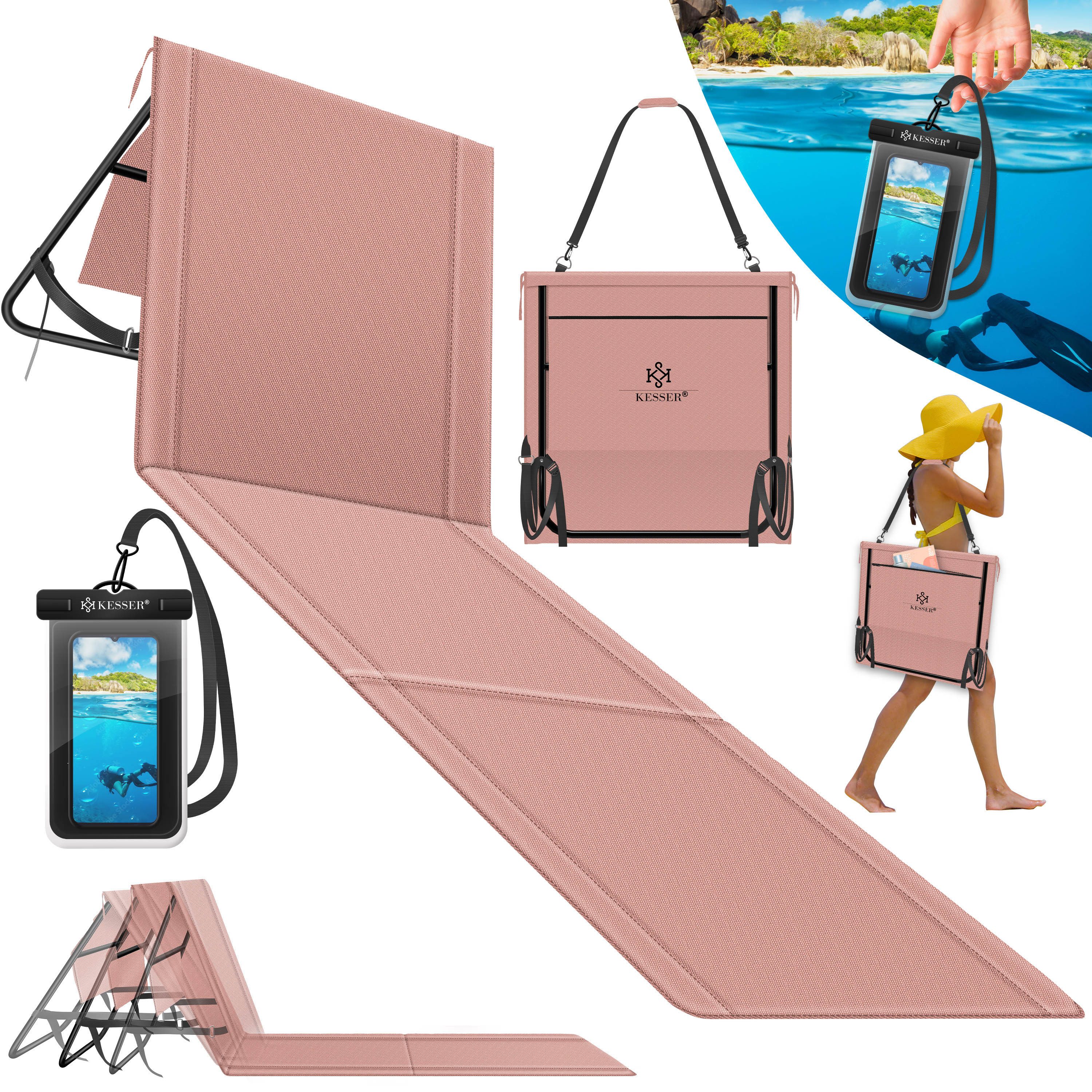KESSER Gartenliege Strandmatte klappbar mit verstellbarer Rückenlehne max. 130 kg, 1 St., Strandliege mit Tragegurt, wasserdichter Handyhülle & Tragetasche, Sonnenliege faltbar für Strand, Garten & Terrasse Liegematte