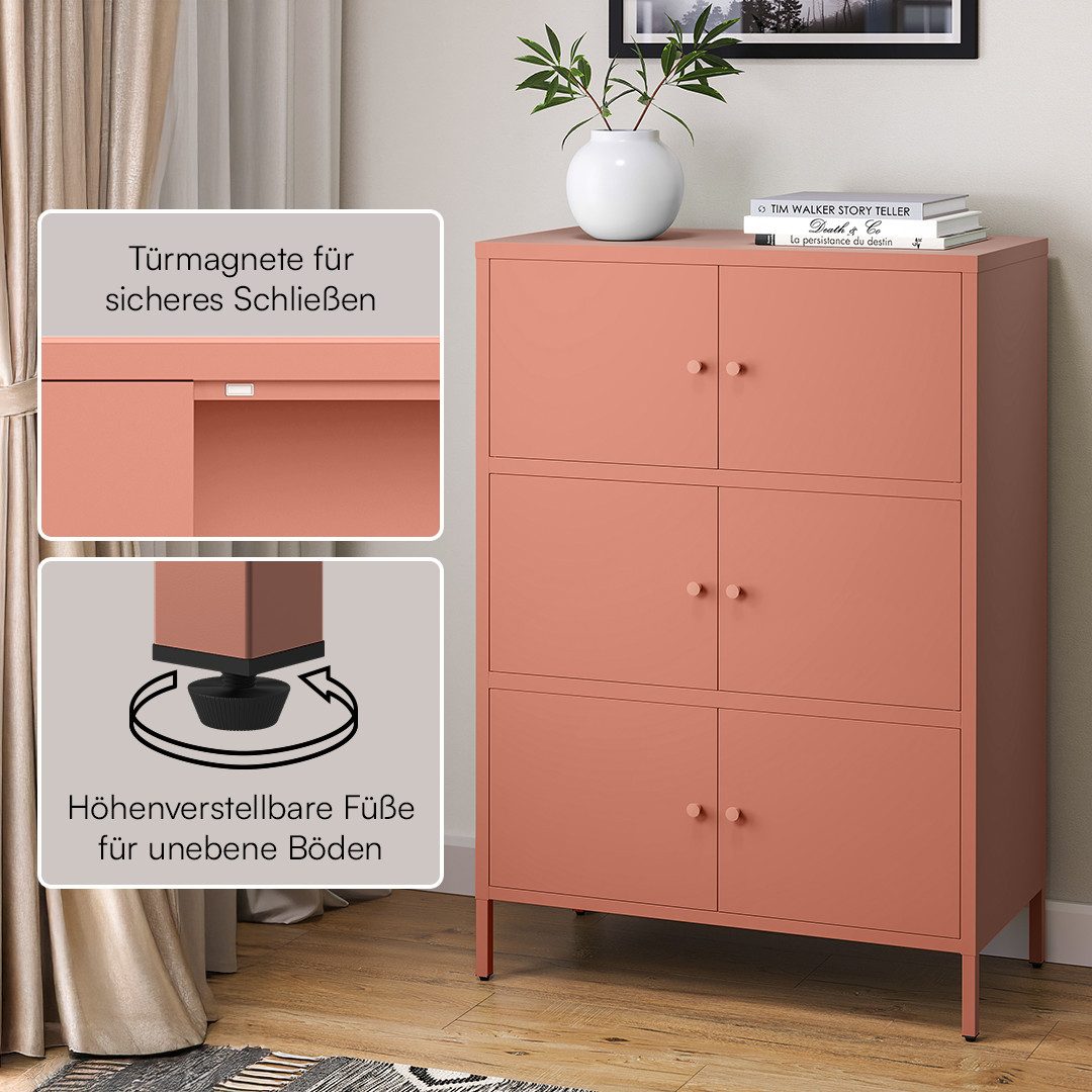 skølm Kommode Atriona aus Metall (Terrakotta, 3 Fächer & 6 Türen), Metallschrank 113,5 x 80 x 38 cm, auch verfügbar mit 2 Fächern