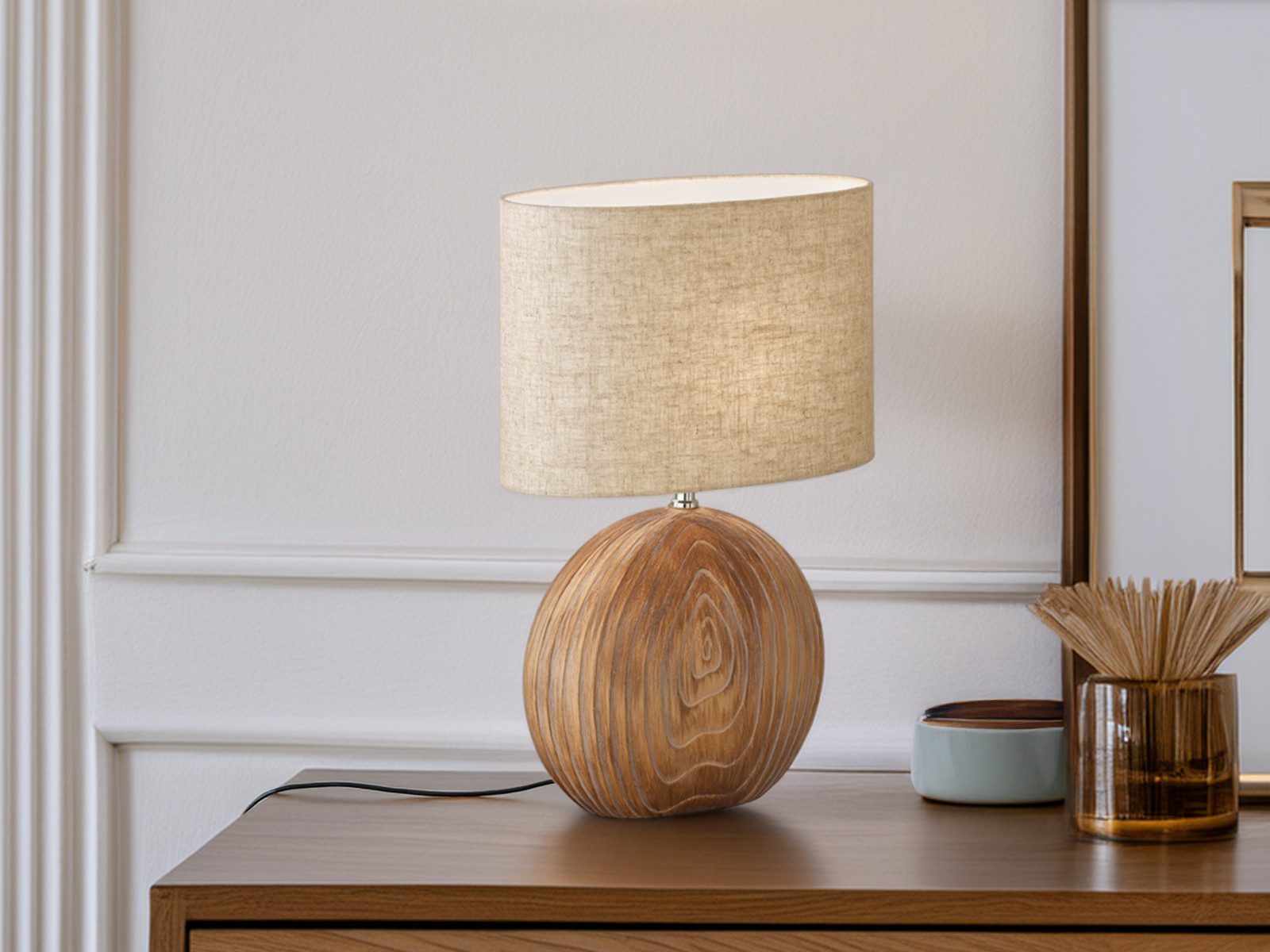FISCHER & HONSEL LED Nachttischlampe, LED wechselbar, Warmweiß, Lampen-Fuß Keramik Holz-Optik, Lampenschirm Leinen oval, 53cm groß