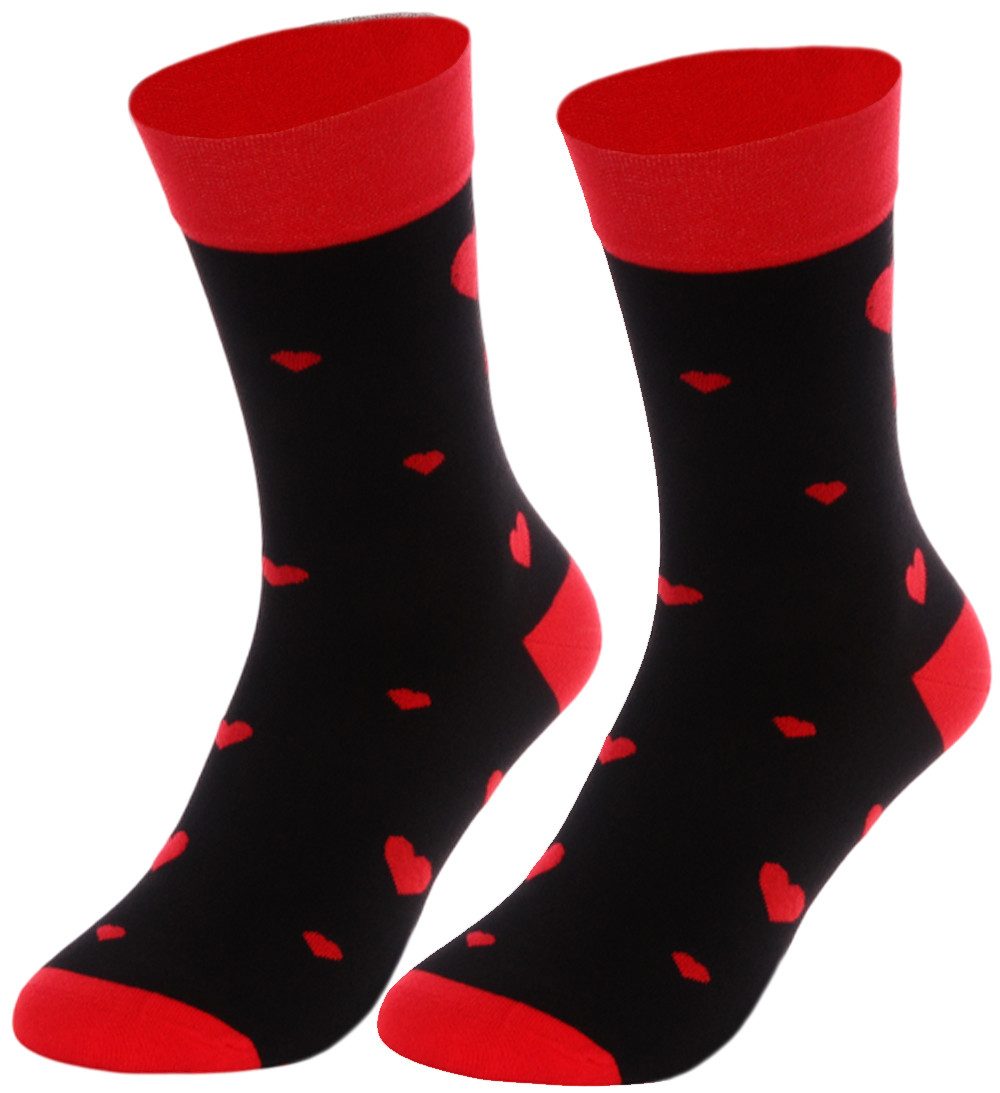 Martinex Freizeitsocken 1 Paar Damen und Herren Socken in Rot und Schwarz mit Herzen elastisch, weich, 34 35 36 37 38 39 40 41 42 43 44 45 46