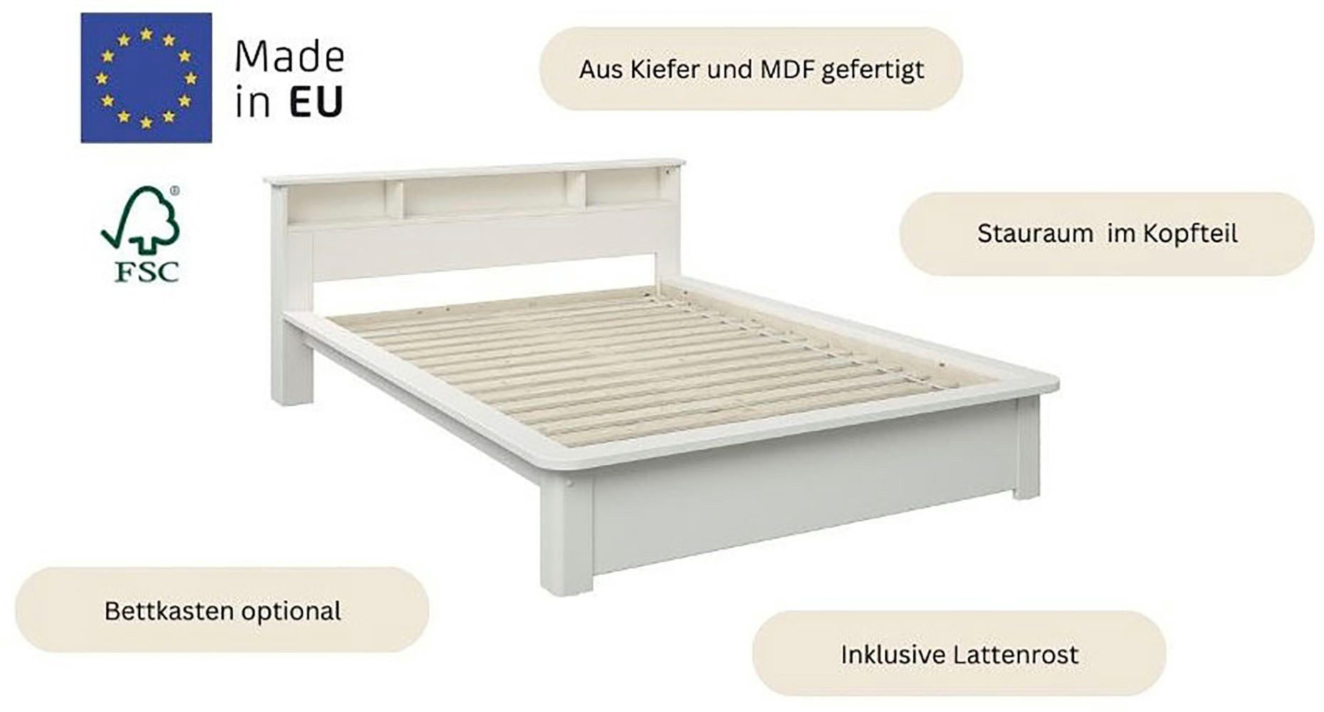 OTTO home Massivholzbett "KERO"Stauraum im Kopfteil, zertifiziertes Massivholz (Kiefer), optional mit Schublade
