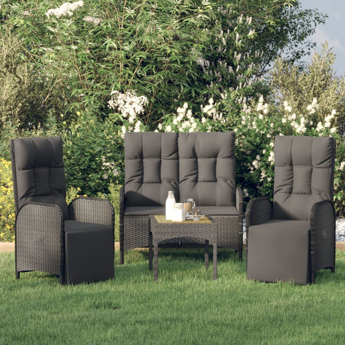 DOTMALL Big-Sofa 3-teilige Garten-Essgruppe mit Kissen aus schwarzem Polyrattan