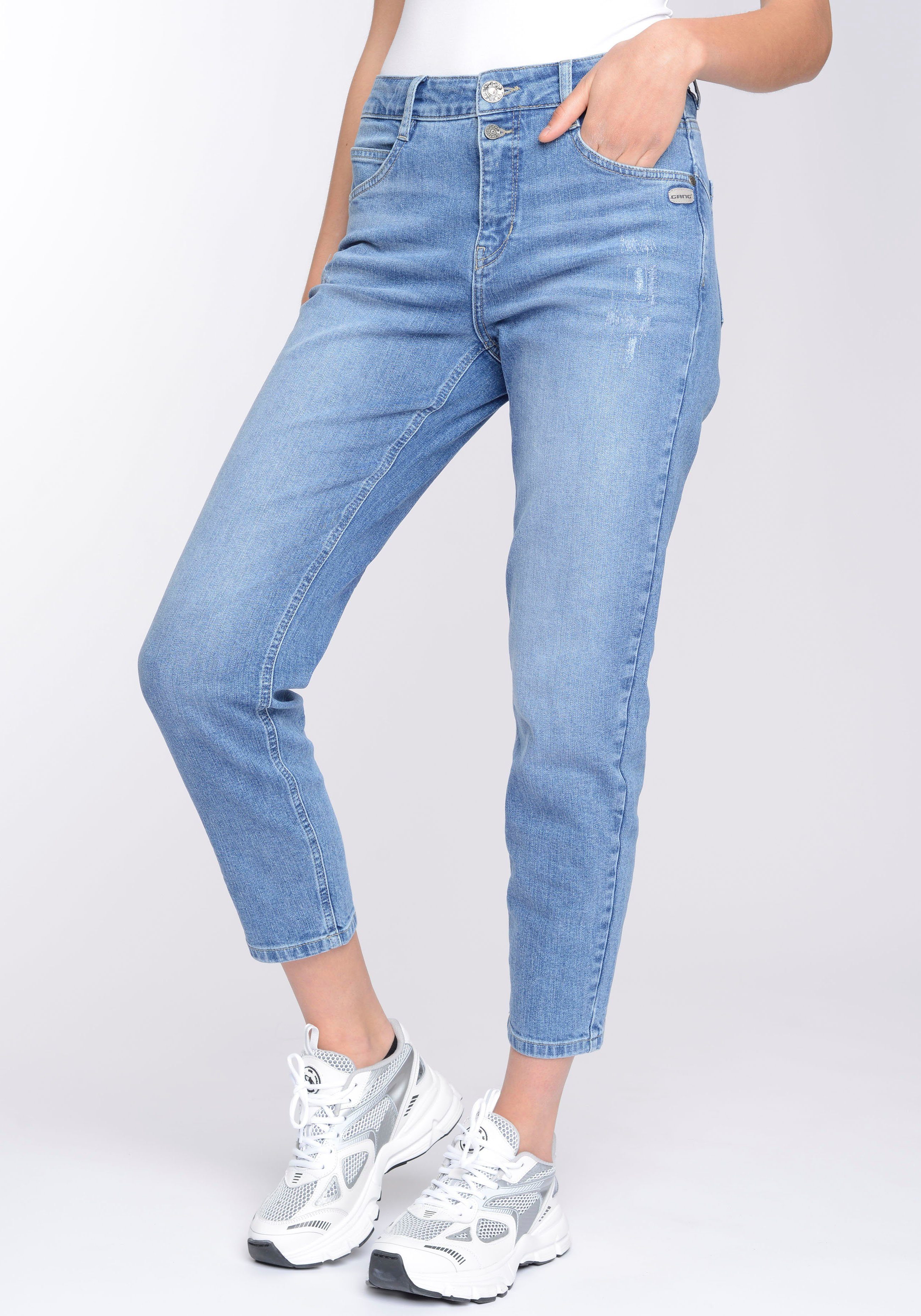 (blue 94ORA Crush Vintage used) verkürzter mit 2-Knopf-Verschluss Beinlänge GANG Mom-Jeans