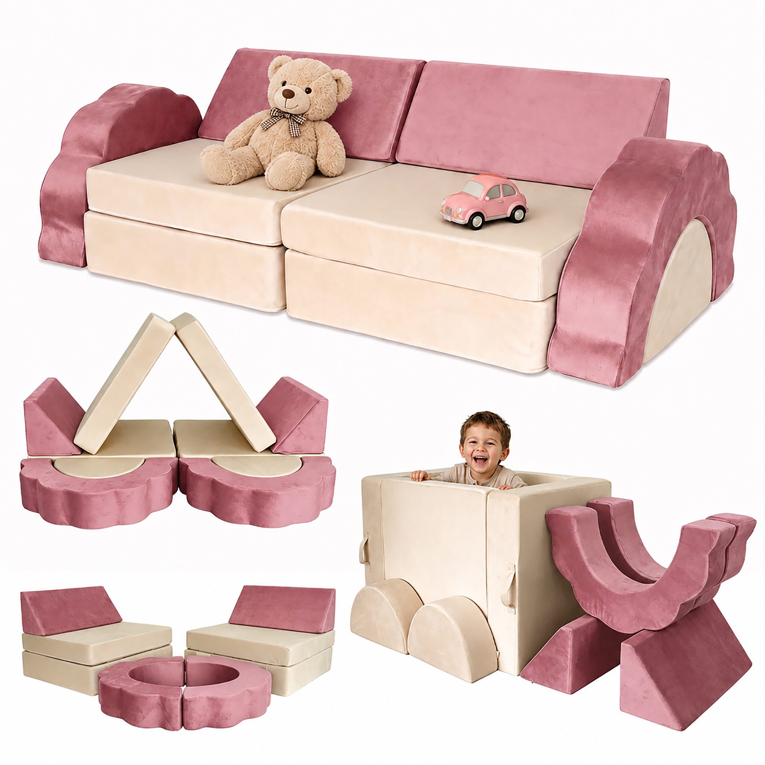 relaxdays Kindersofa 10-tlg. Kinder Spielsofa modular, 10 Teile, Pink