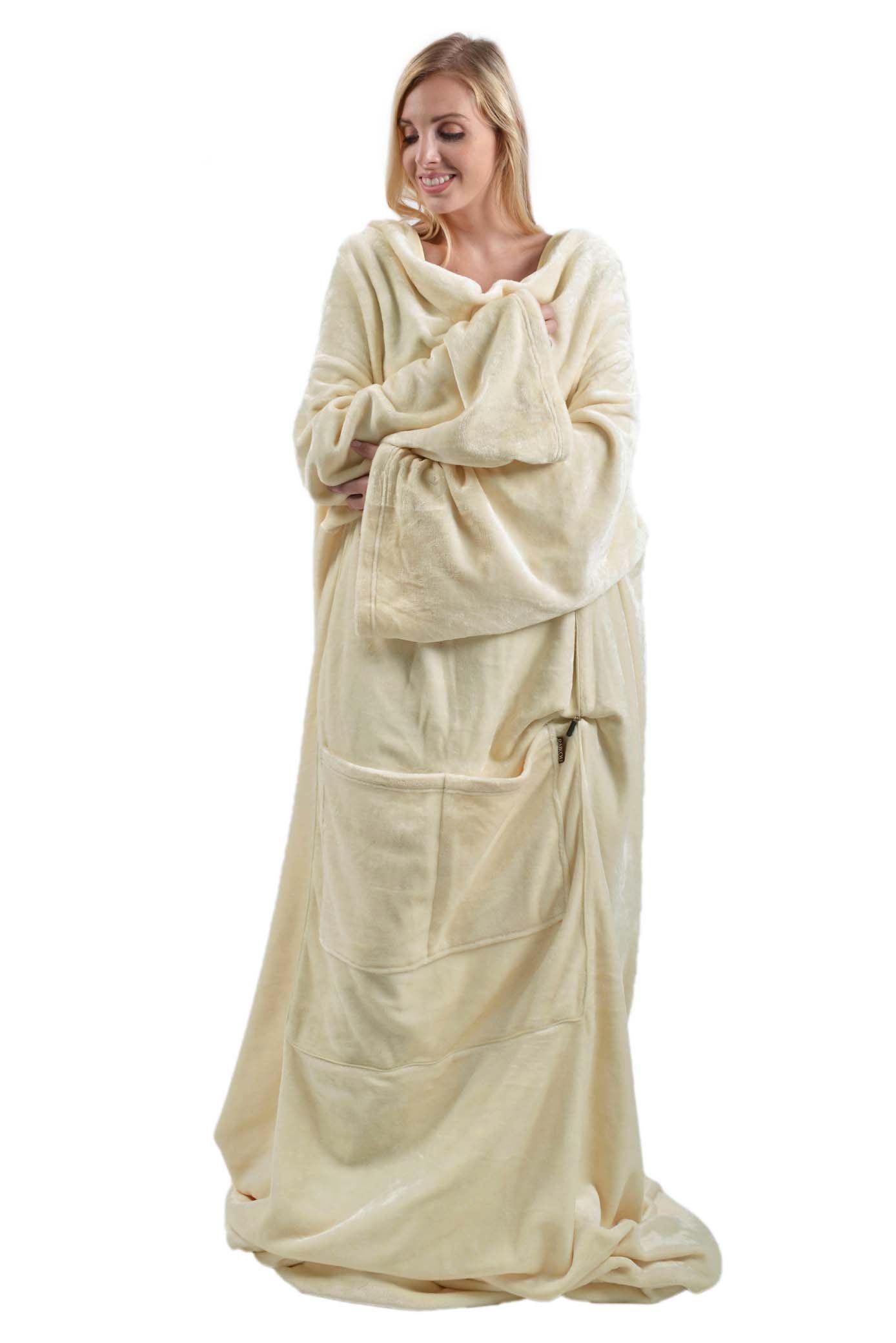 Wohndecke Flanell-Decke in Toga Stil/ Kunstfelldecken mit Ärmel und Fußtasche, RAIKOU, Schnell trocknenden,Premium soft Mikrofaser Decke Coral Fleece