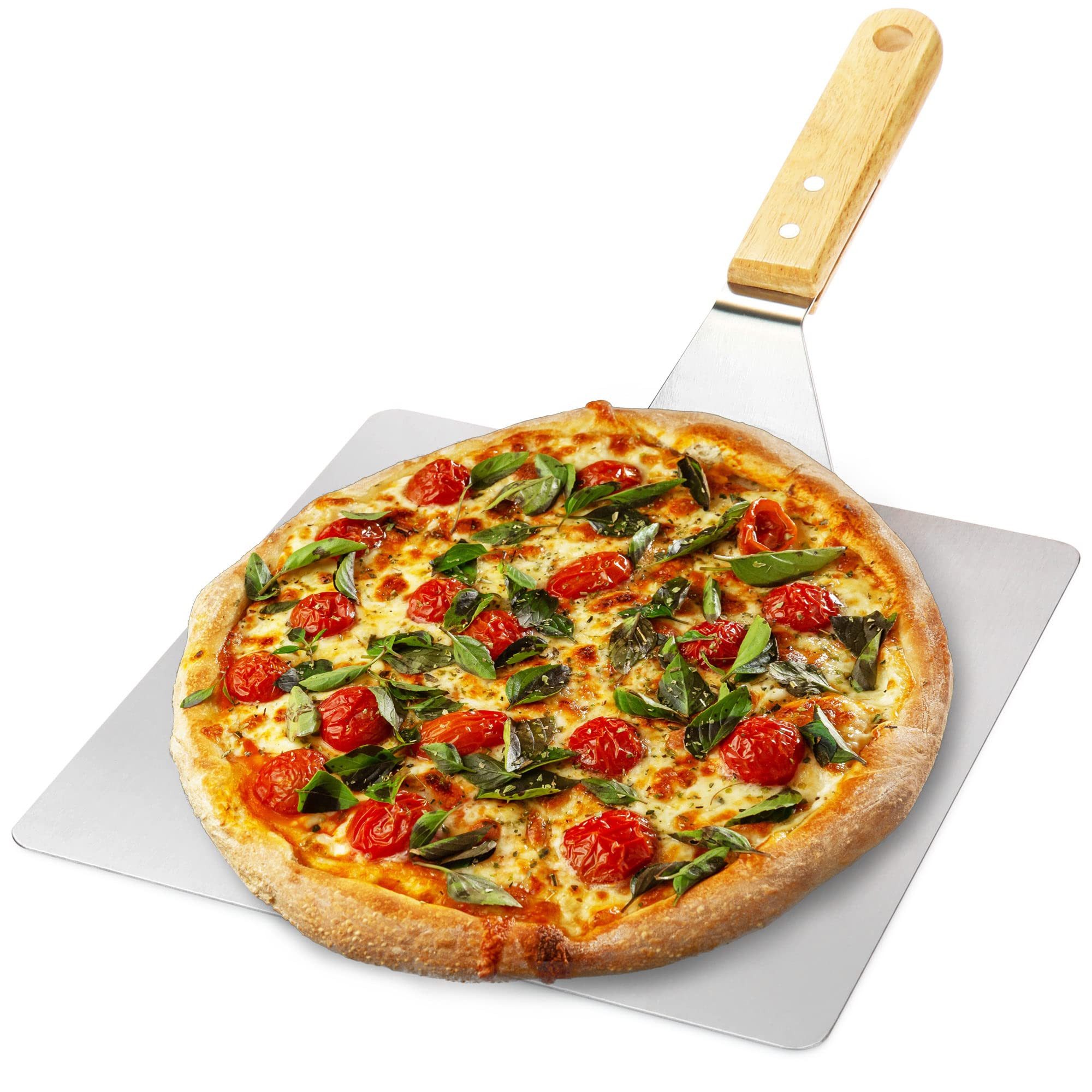 com-four Pizzaschieber Pizzaschaufel aus rostfreiem Edelstahl, Pizza- und Kuchenheber mit Holzgriff