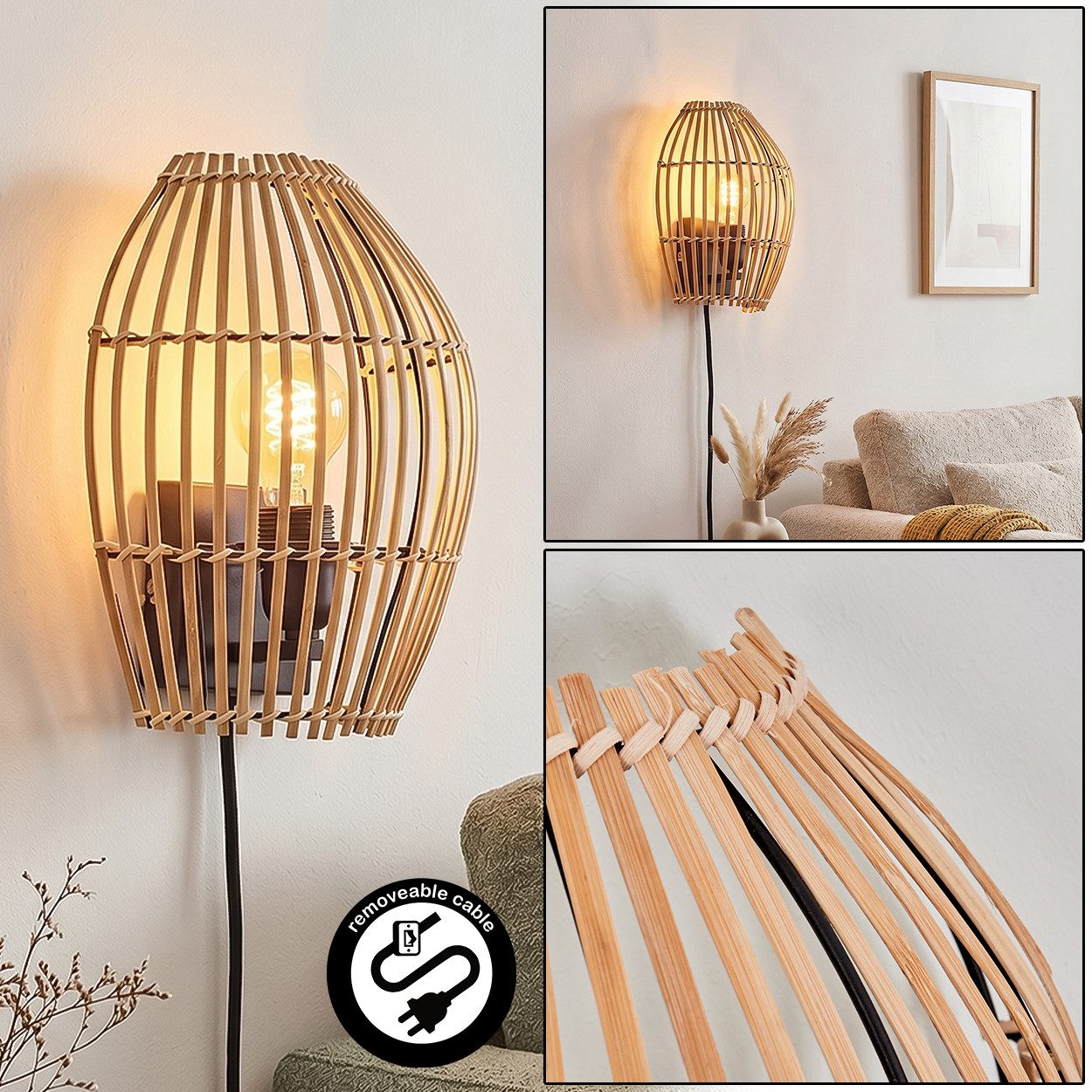 hofstein Wandleuchte Wandlampe aus Metall/Bambbus in Schwarz/Naturfarben, ohne Leuchtmittel, Leuchte im Boho-Design mit Gitterschirm und Lichteffekt, E27